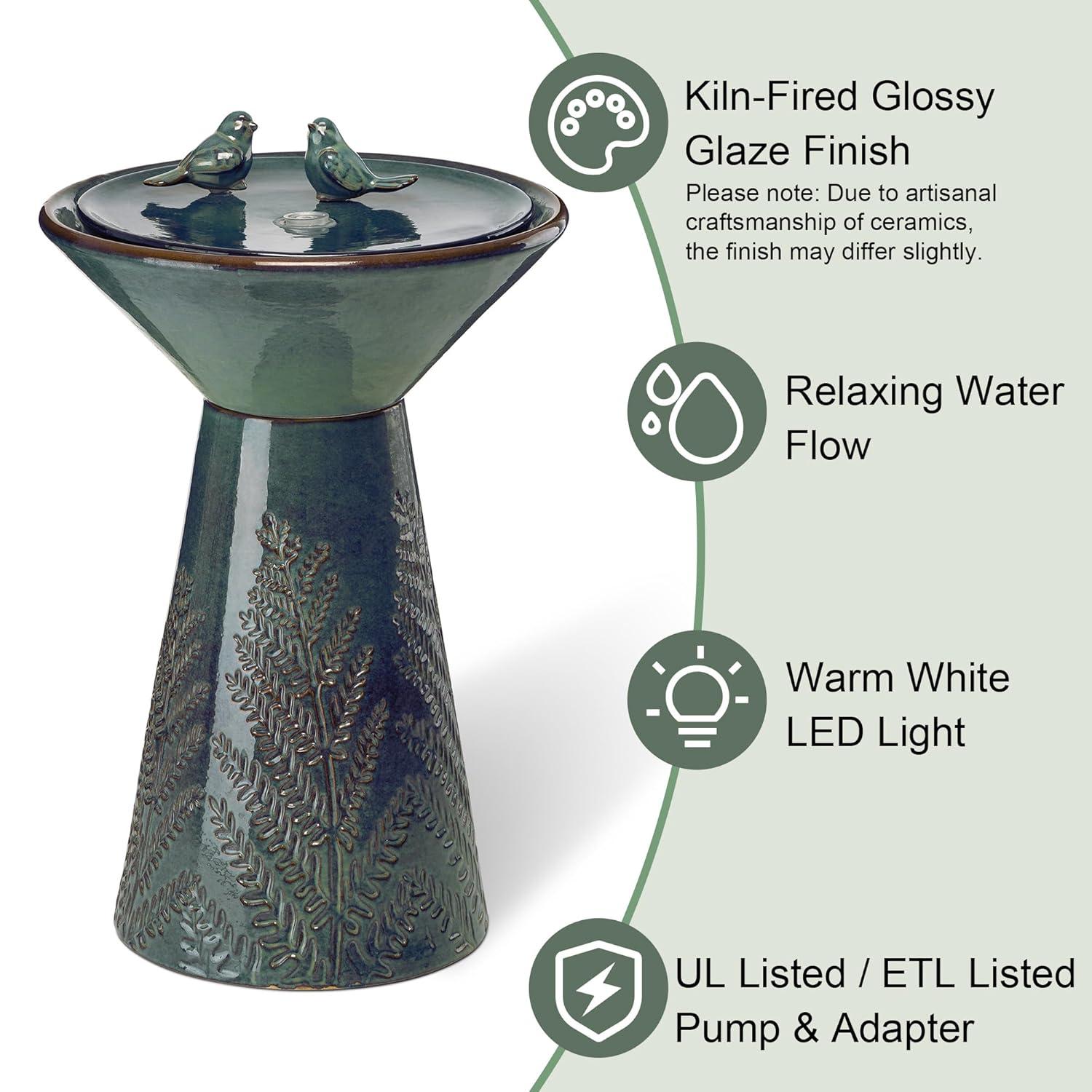 Glitzhome 27.5" Fountain with Pump and LED Light Embossed Pedestal Ceramic Bird Bath, Turquoise