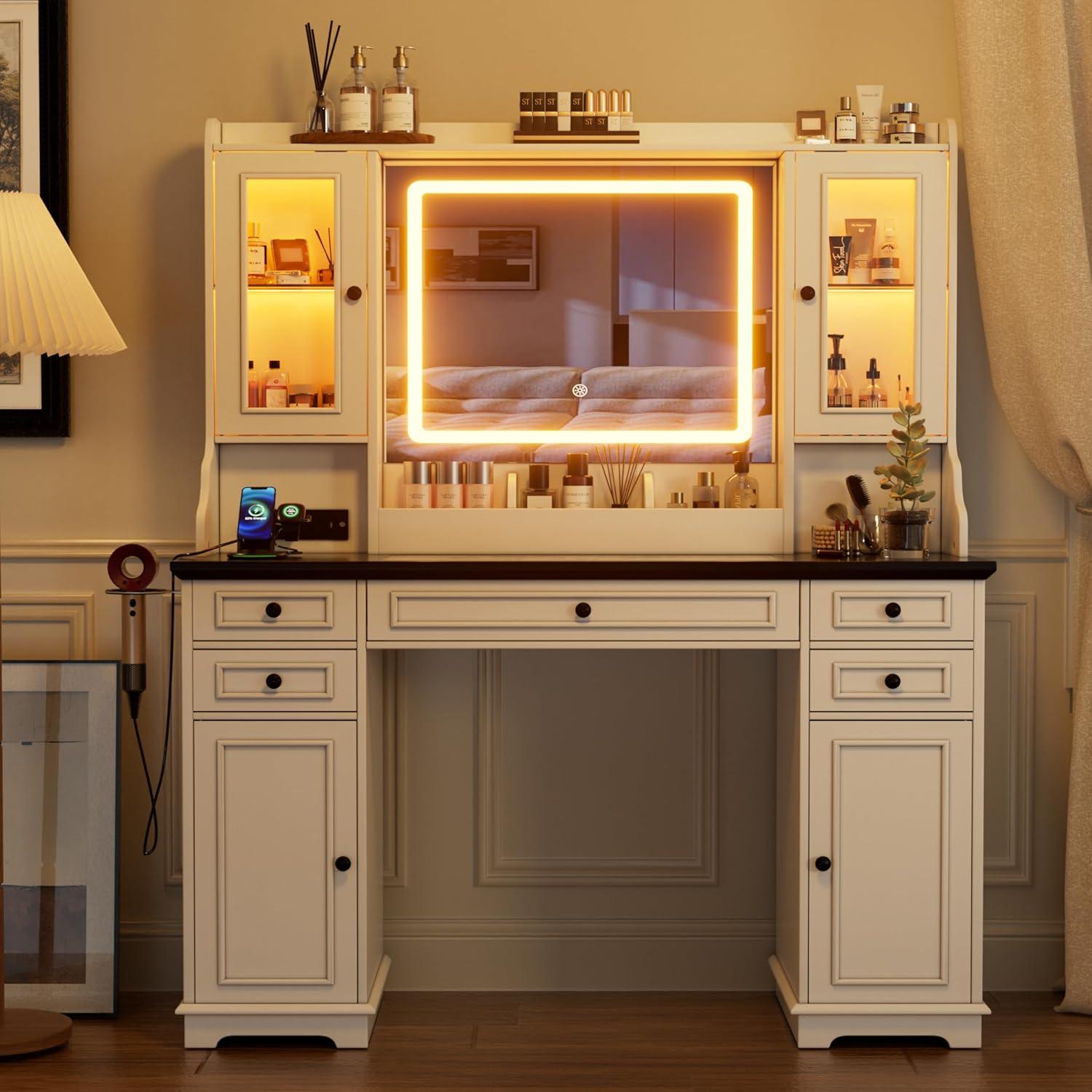 PAKASEPT Large Vanity Desk with Mirror and Lights,Makeup Vanity with 3 Lighting Modes& Charging Station, 5 Drawers, 4 Cabinets, Farmhouse Bedroom Vanity for Women, Girls