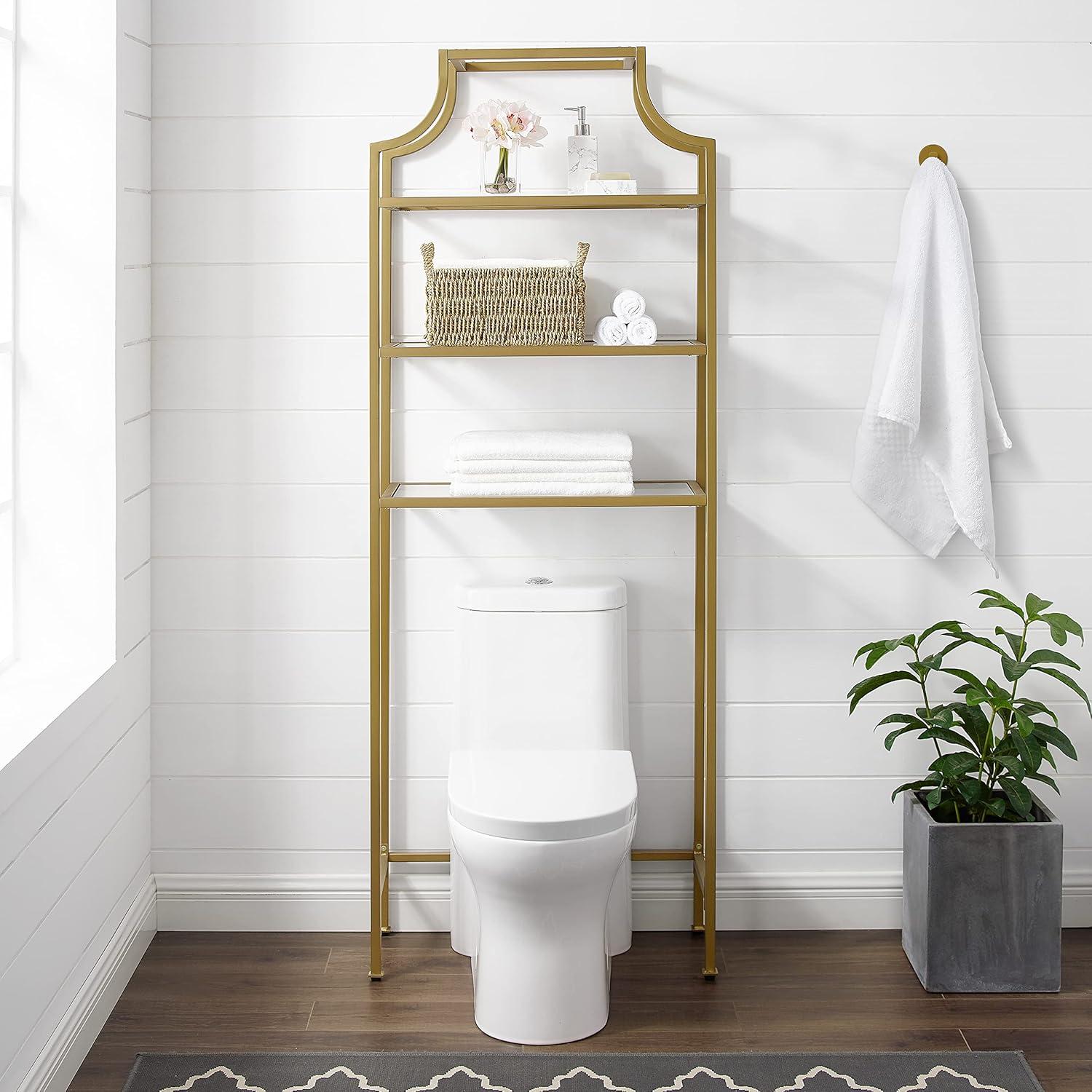 Soft Gold Pagoda-Inspired Over-the-Toilet Storage with Tempered Glass Shelves