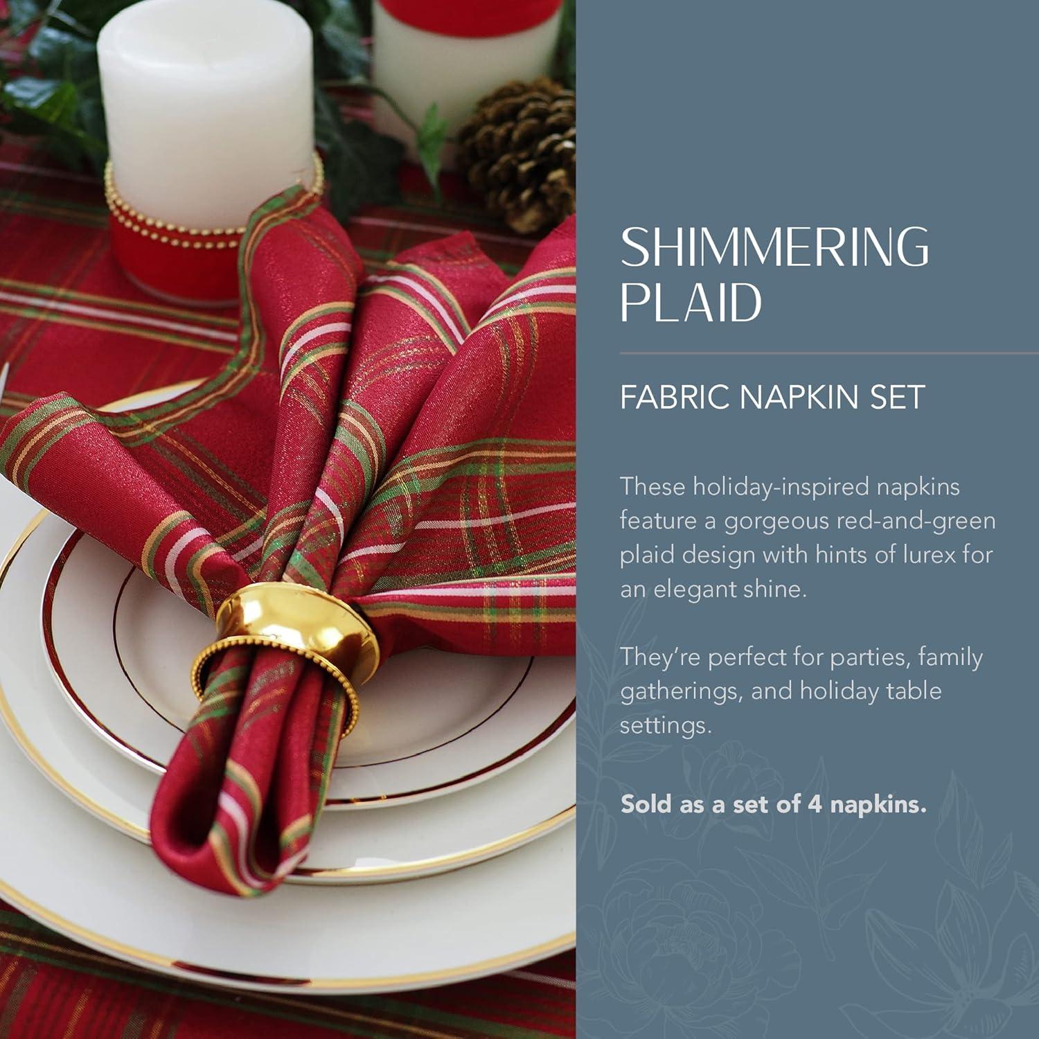 Shimmering Plaid Holiday Napkin Set of 4 - 17" x 17" - Red/Green - Elrene Home Fashions