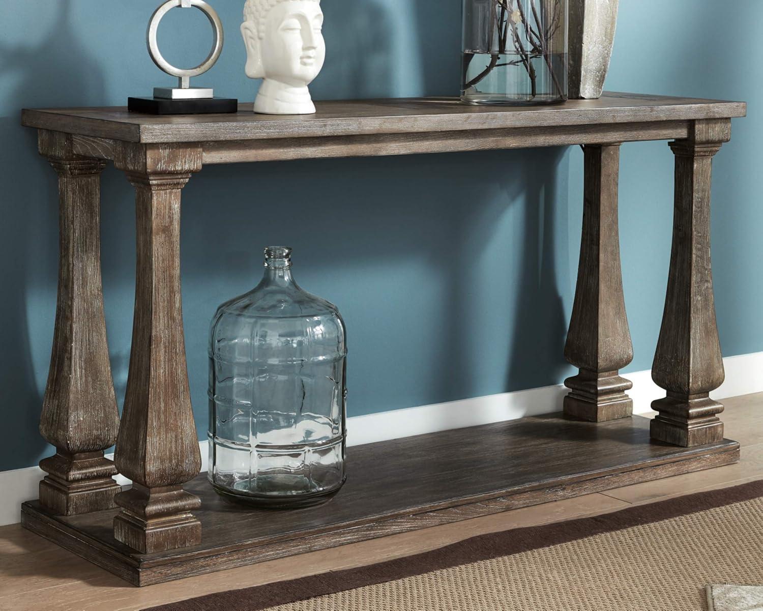 Johnelle Sofa Table Gray: Distressed Elm Veneer, Square Baluster Legs - Signature Design by Ashley