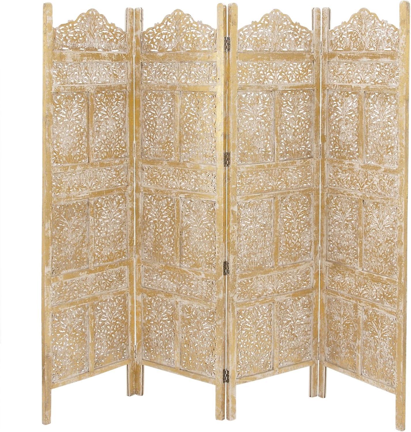 DecMode 80" x 72" Gold Wooden Scroll Handmade Hinged Foldable Partition 4 Panel Room Divider Screen with Carved Elephant Accents, 1-Piece