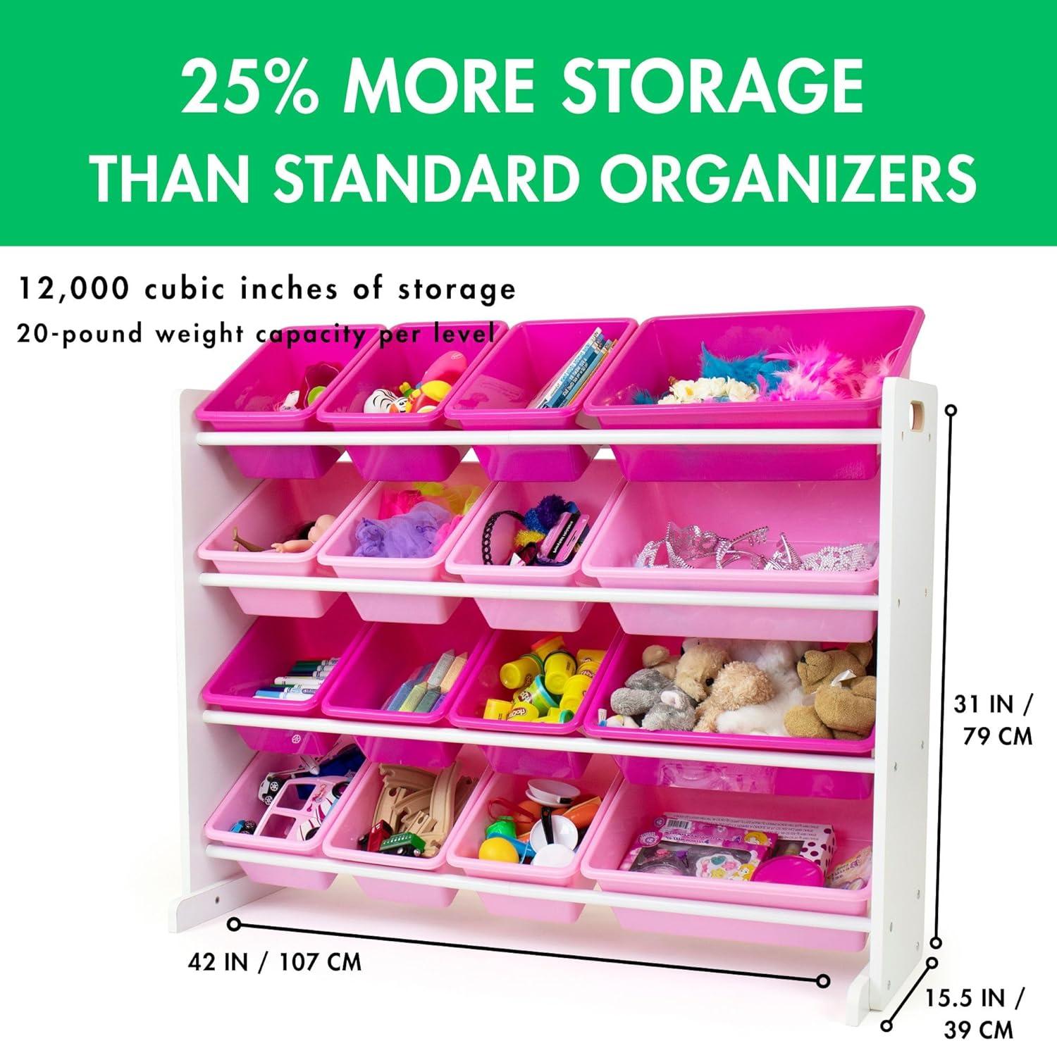 Humble Crew Molly Supersized Toy Storage Organizer with 16 Plastic Storage Bins, White/Pink