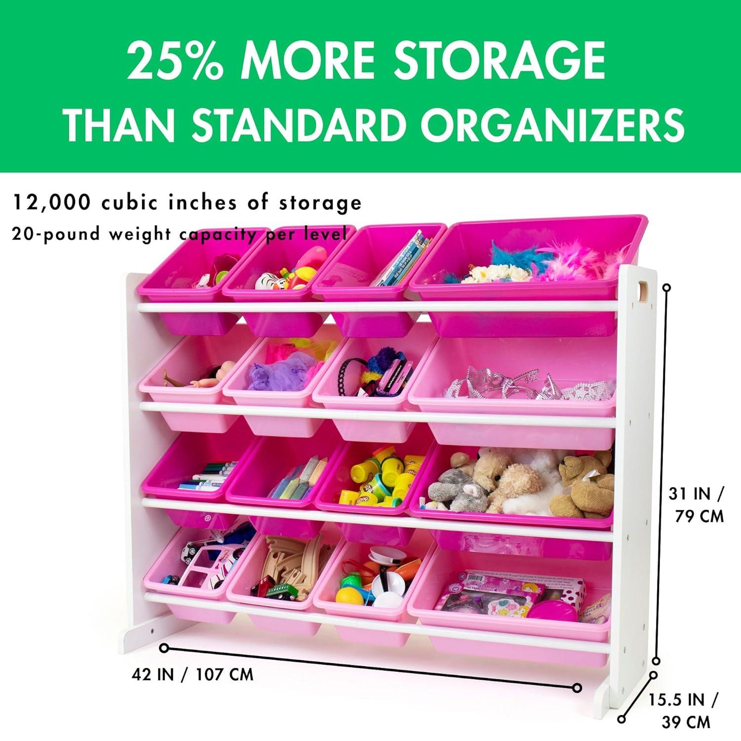 Humble Crew Molly Supersized Toy Storage Organizer with 16 Plastic Storage Bins, White/Pink