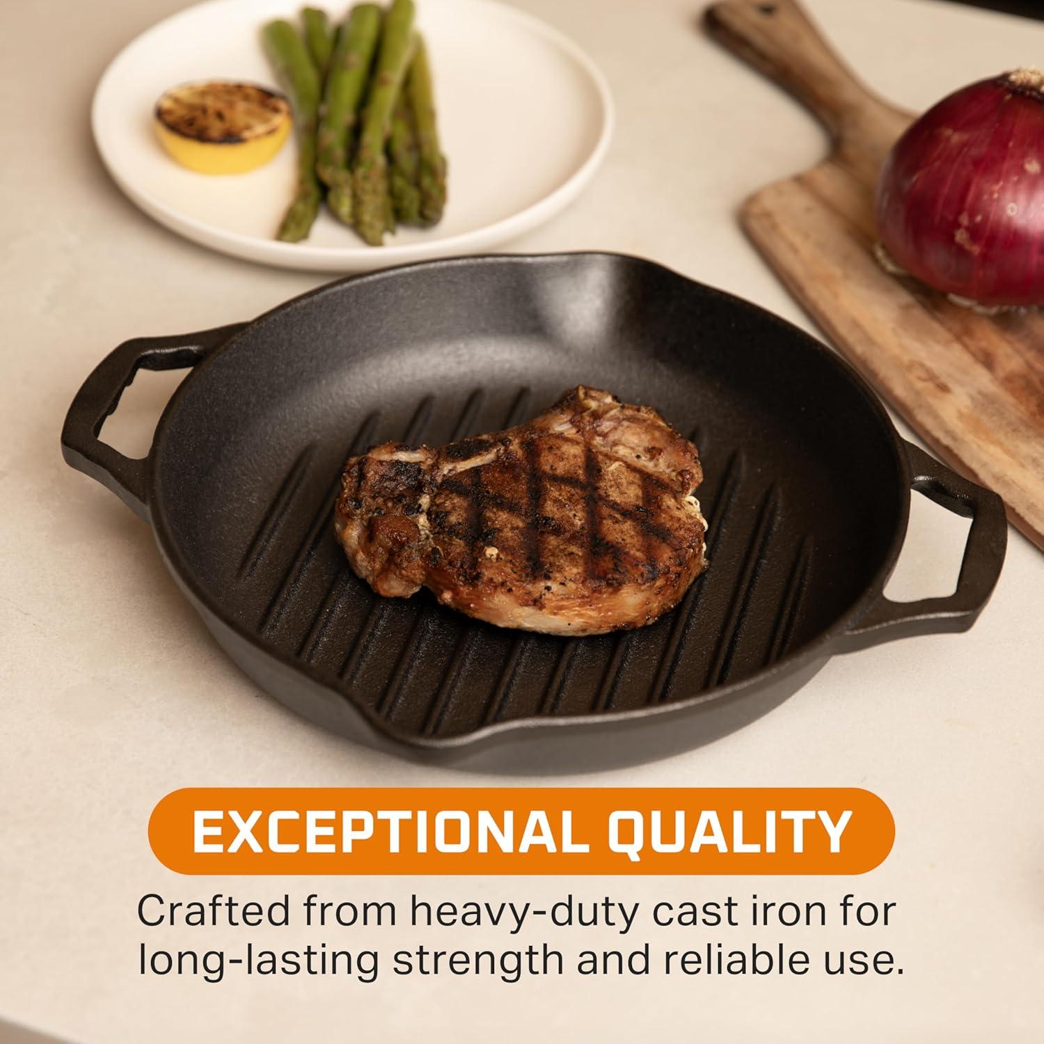 Bruntmor Enameled Cast Iron Skillet with Glass Lid | 10 Inch Deep Round Grill Pan and Frying Pan with Double Loop Handles | Black | Flat Cast Iron Skillet