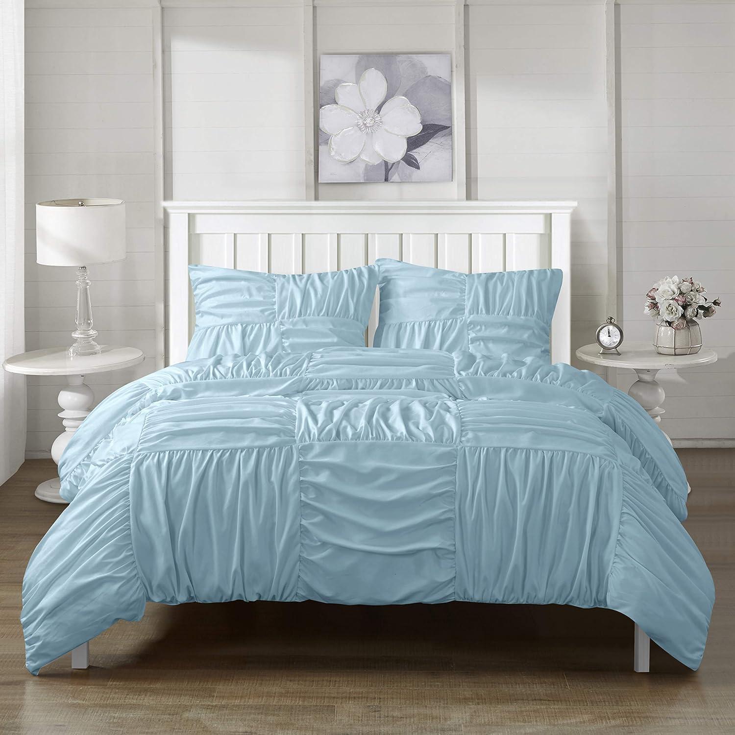 Full Light Blue Polyester Ruffled Duvet Cover Set