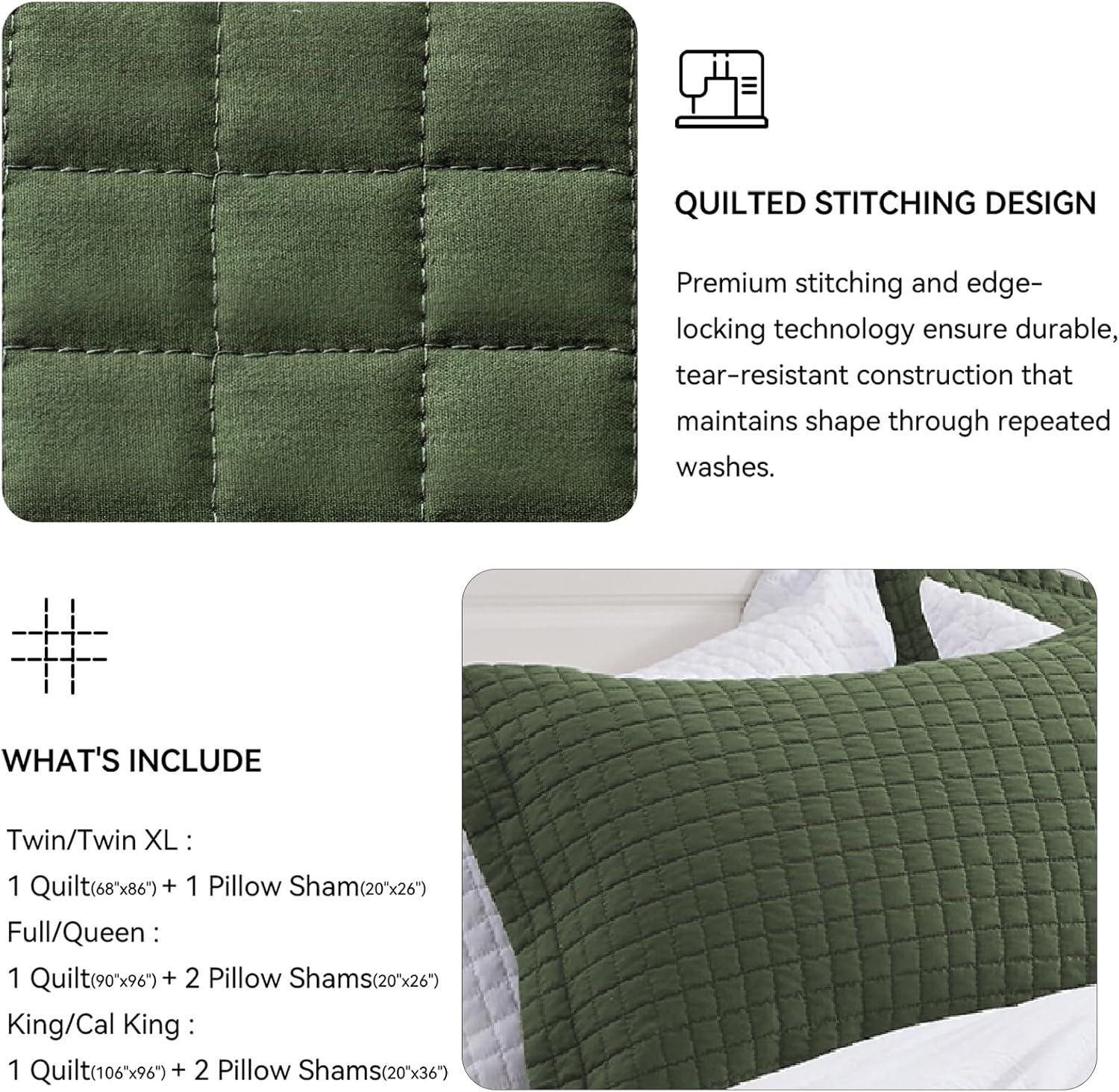 SunStyle Home Olive Green Quilt, Queen Size Quilt Set Lightweight Blanket Bedspread Full Soft Reversible Coverlet All Season 3pcs Army Green Square Quilted Bedding Sets with 2 Pillow Shams(90"x96")