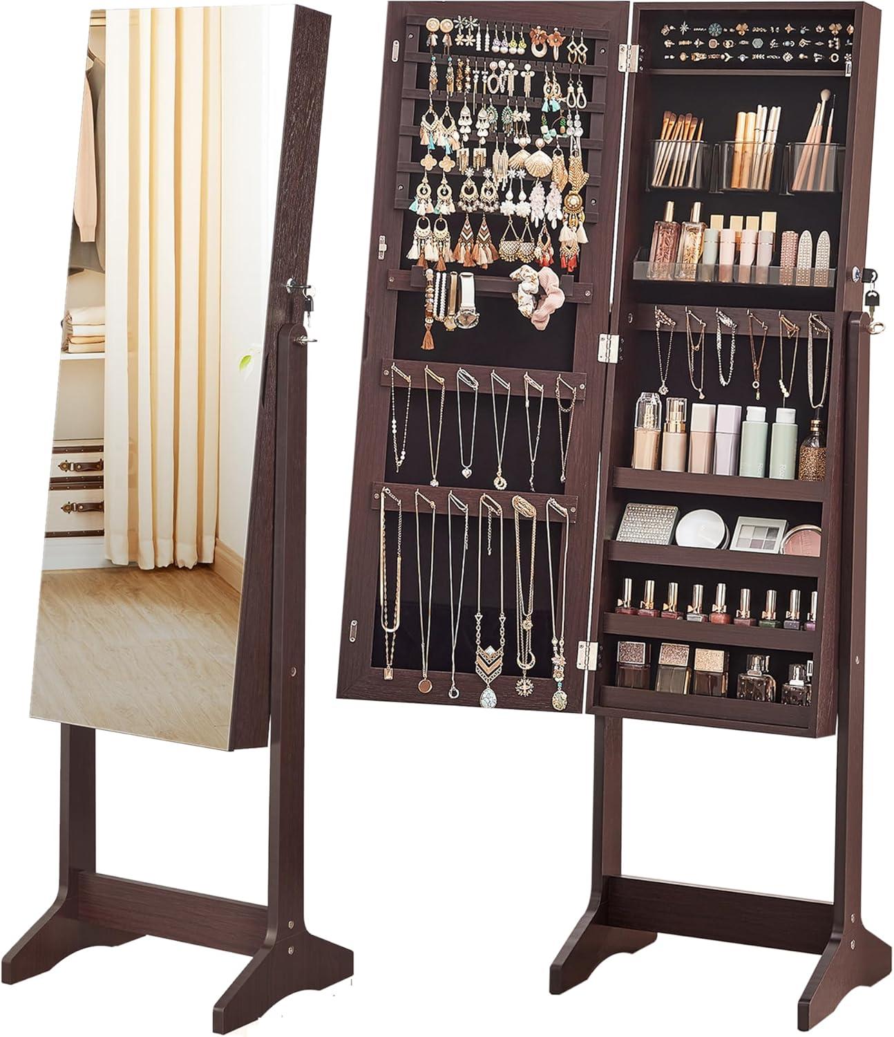 Freestanding Jewelry Cabinet Armoire Organizer with Bevel Edge Mirror