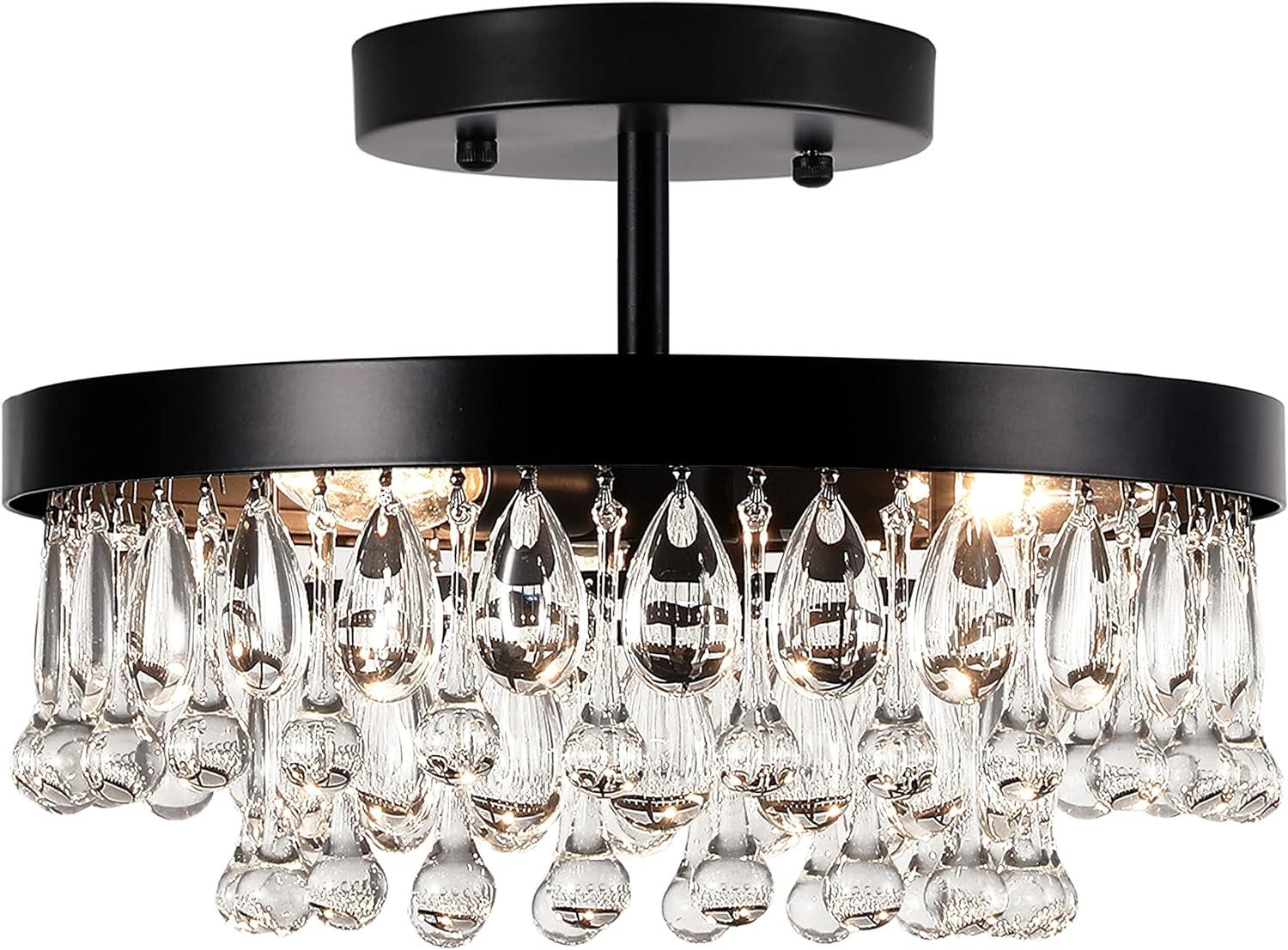 SEOL-Light Vintage Black Crystal Drops Close to Ceiling Light Fixture Round Tiered Chandeliers Large Flush Mount for Bedroom,Kitchen,Hallway,Dimmable,3 Light,120W,E12,15 Dia*6" H;