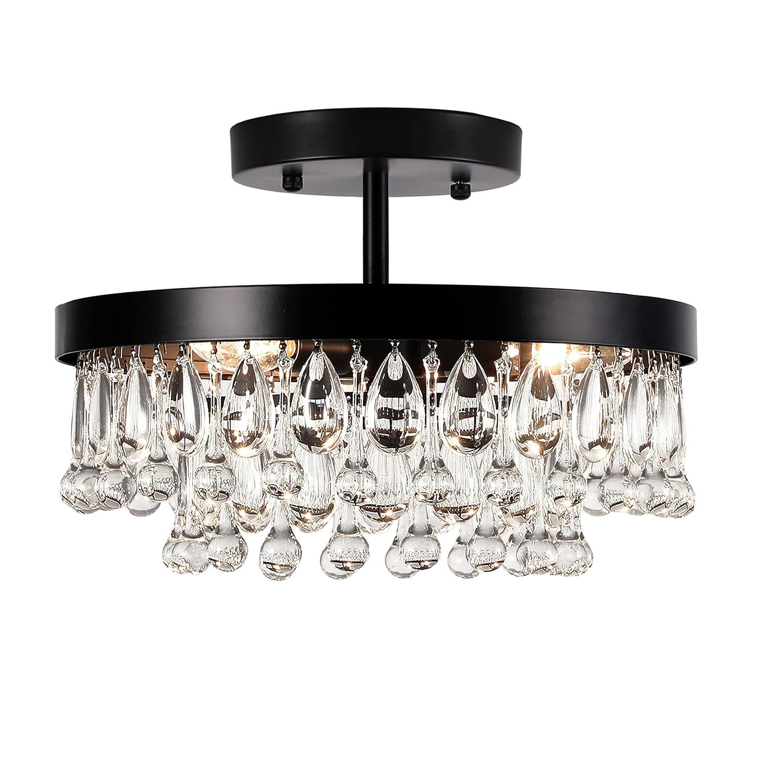 SEOL-Light Vintage Black Crystal Drops Close to Ceiling Light Fixture Round Tiered Chandeliers Large Flush Mount for Bedroom,Kitchen,Hallway,Dimmable,3 Light,120W,E12,15 Dia*6" H;