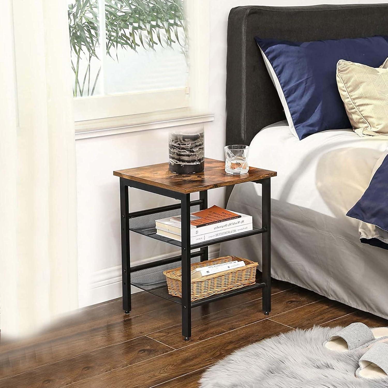 Rustic Brown and Black Iron Framed Nightstand with Wire Mesh Shelf
