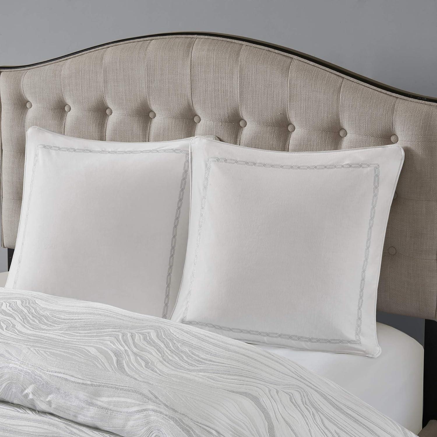 Hollywood Glam White Jacquard Queen Comforter Set with Embroidered Pillows