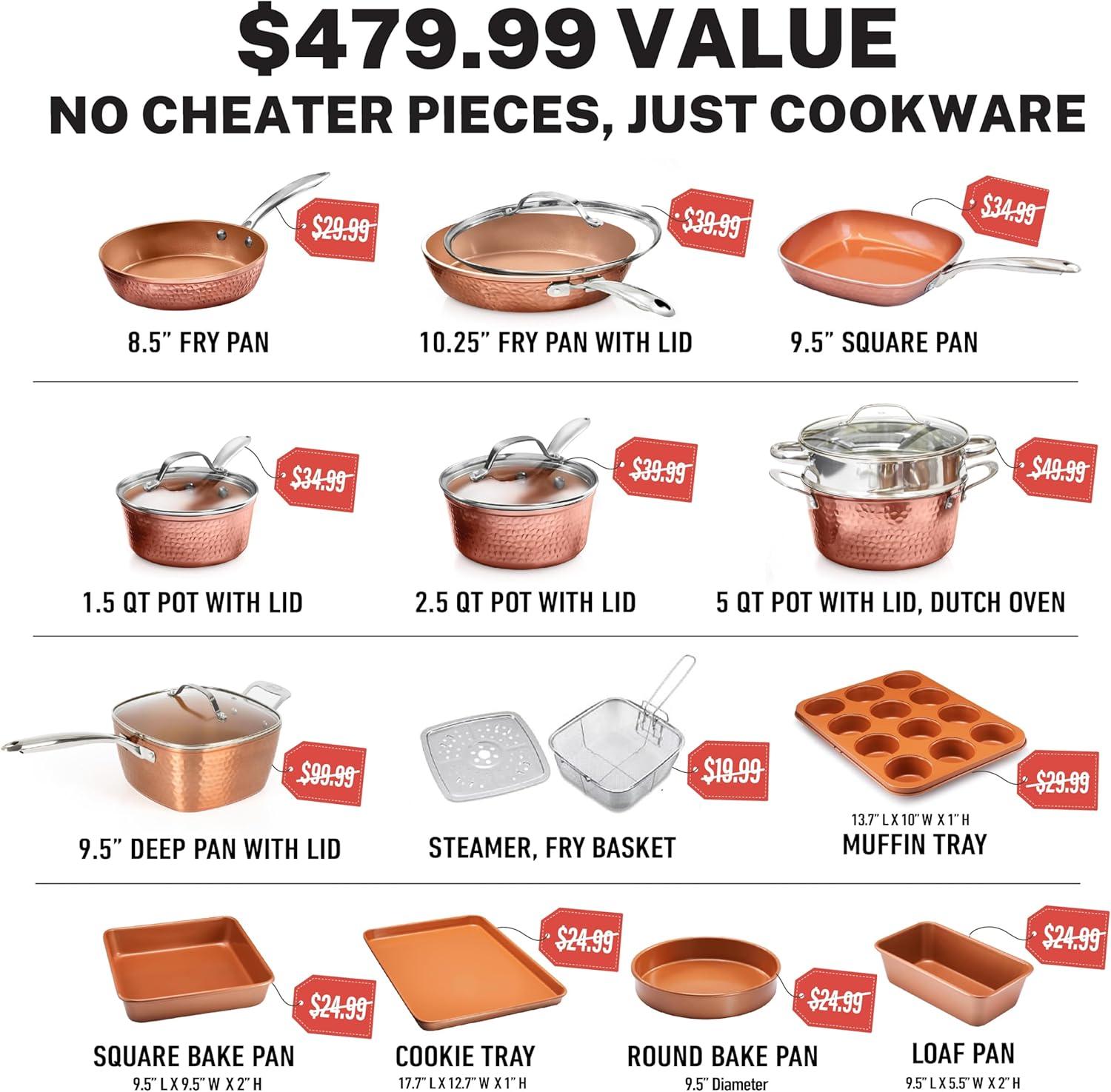 Gotham Steel Nonstick Pots and Pans 20 Pcs Kitchen Ceramic Cookware Set Bakeware Cooking Frying Skillet Sauce Pan Hammered
