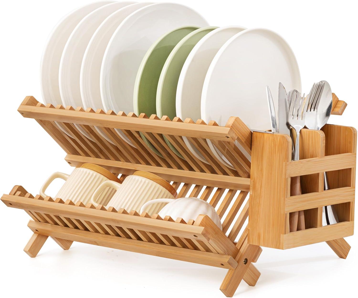 Foldable Bamboo 2-Tier Dish Drying Rack with Utensil Holder