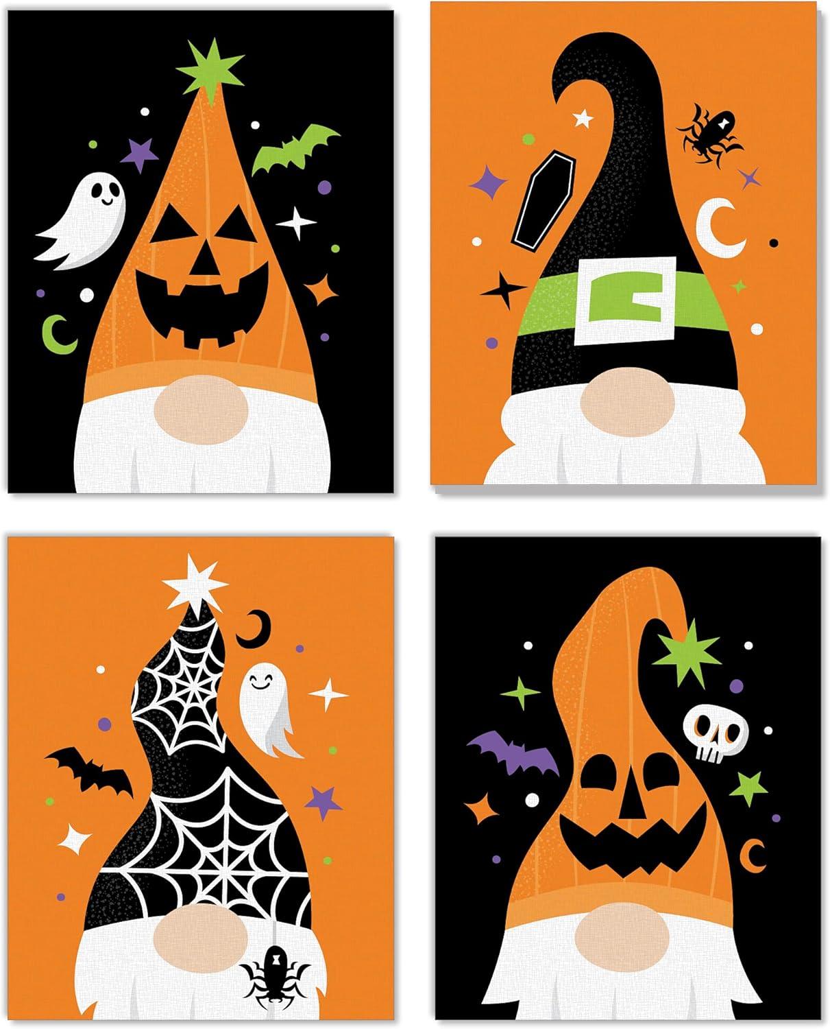 Big Dot of Happiness Halloween Gnomes - Unframed Spooky Fall Linen Paper Wall Art - Set of 4 - Artisms - 8 x 10 inches