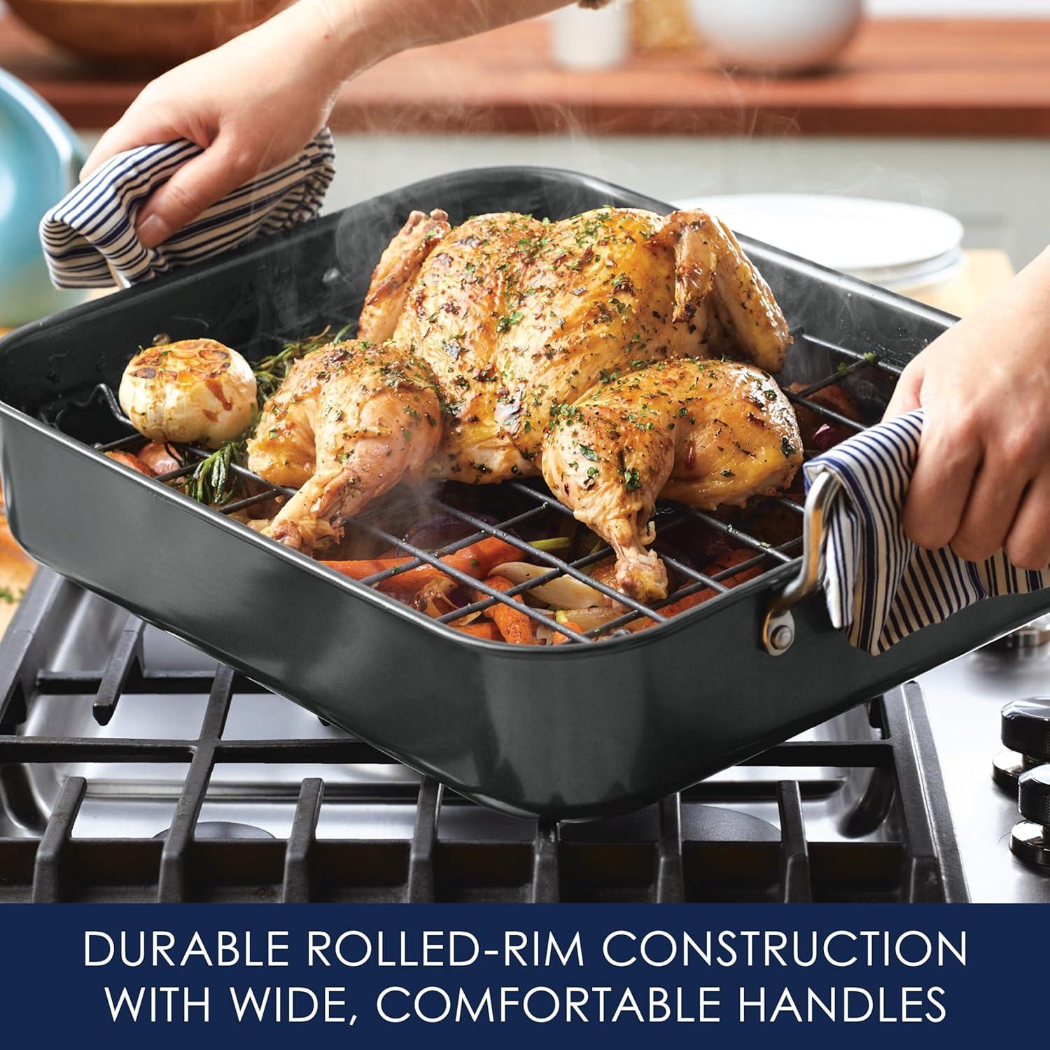 Rachael Ray 16" x 13" Roaster with Dual-Height Rack: Nonstick Carbon Steel Turkey Pan, Riveted Handles, Oven-Safe 450°F