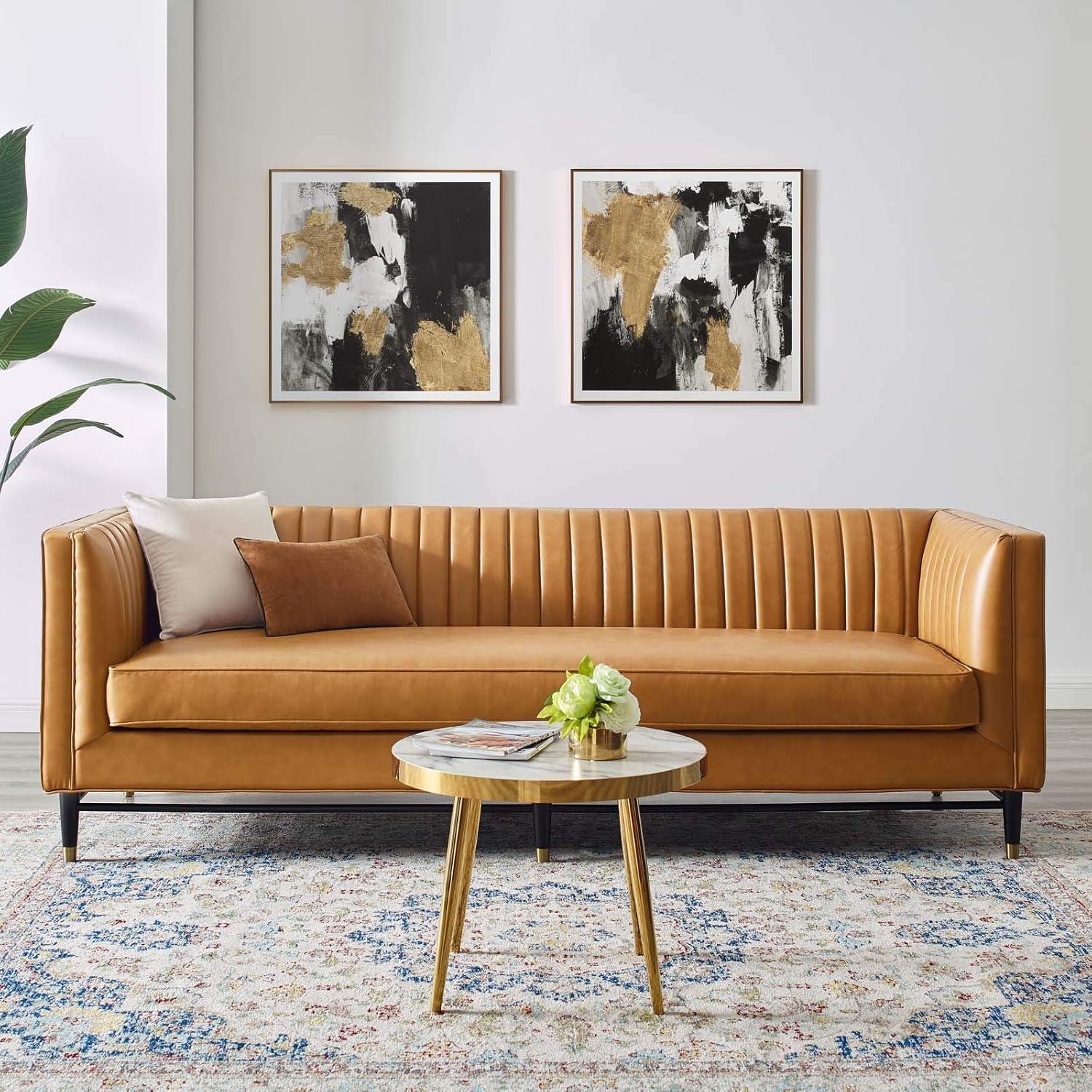 Modway Devote Channel Tufted Vegan Leather Sofa Tan: Modern 3-Seater, Faux Upholstery, Wood Frame