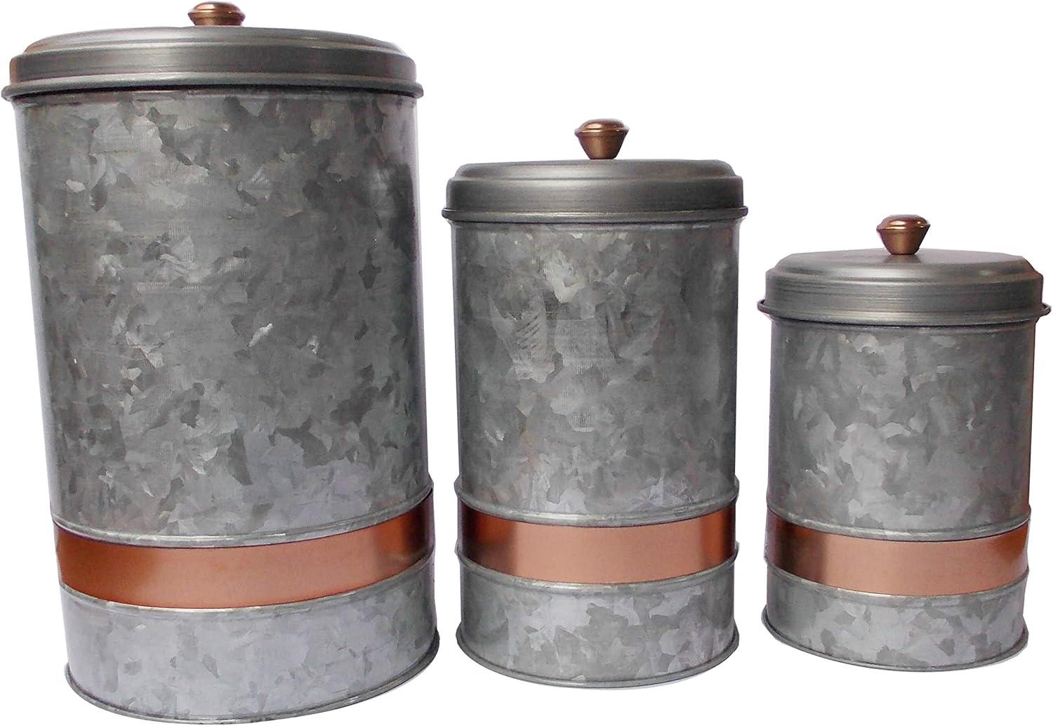 Galvanized Metal Lidded Canister With Copper Band, Set of Three, Gray