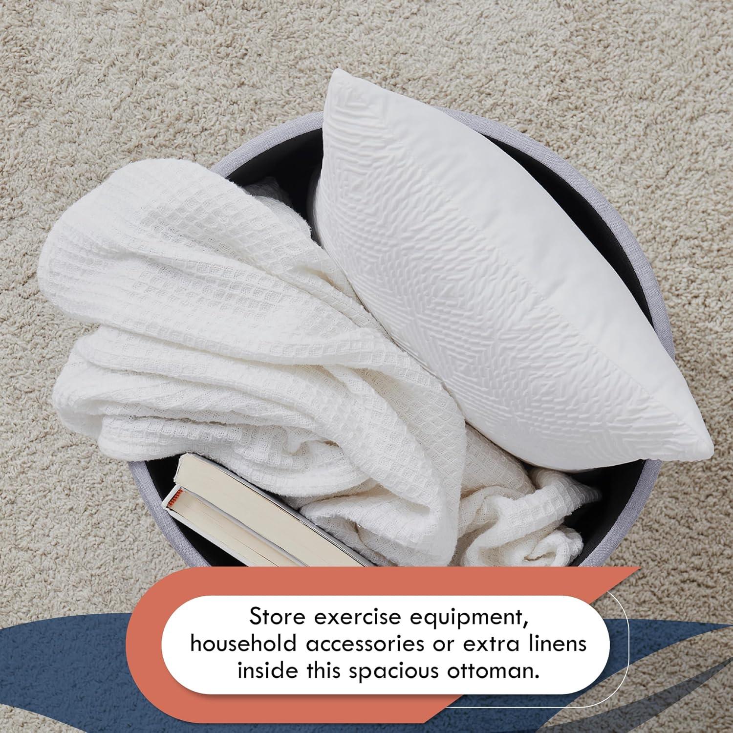 Ornavo Home Linen Upholstered Round Tufted Storage Ottoman with Wooden Legs - Gray