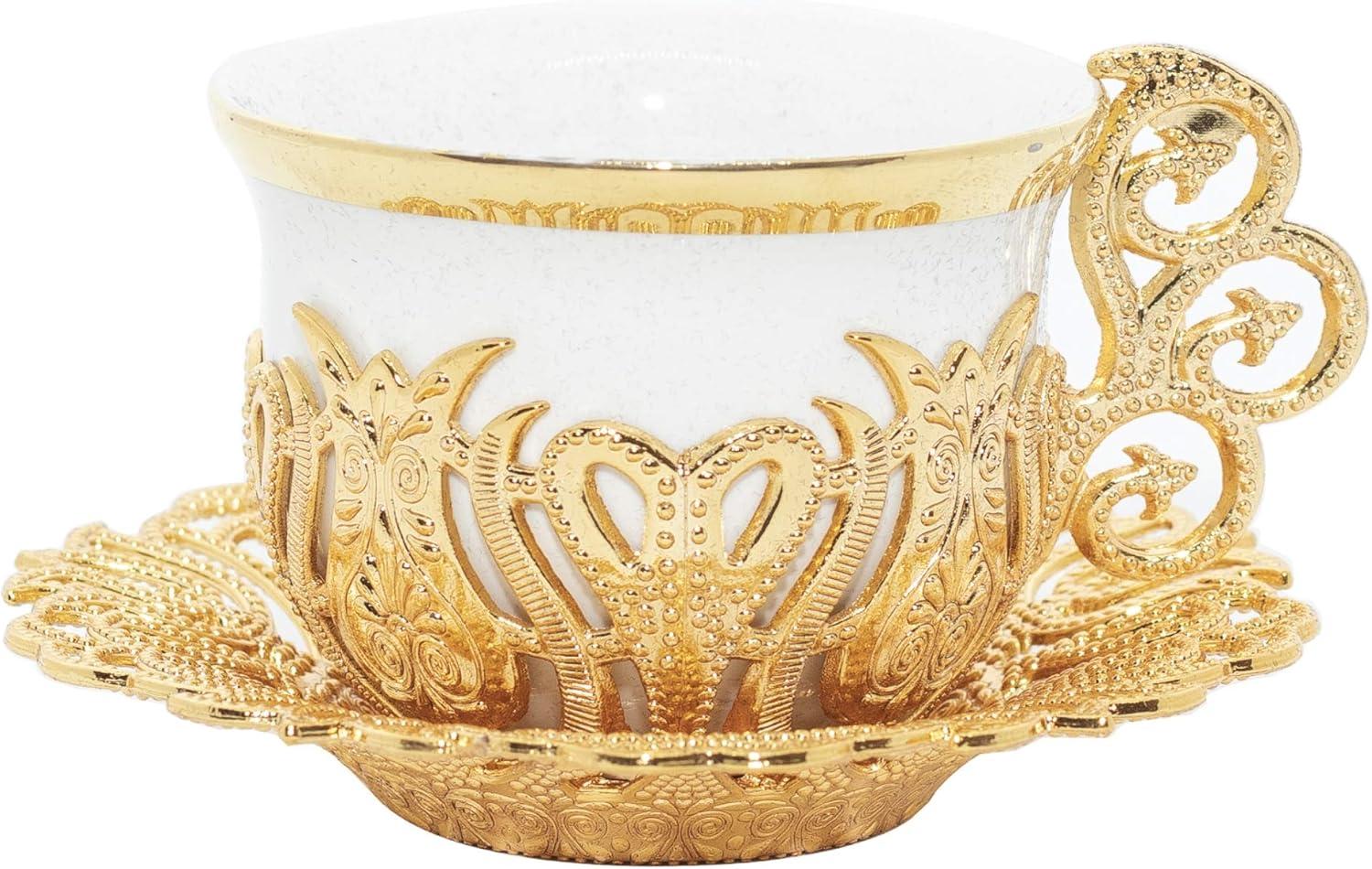 Gold and White Turkish Coffee Cup Set with Saucers