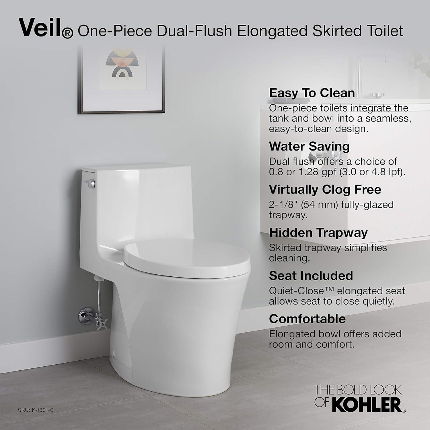 Veil White Polished Elongated Dual-Flush Free Standing Toilet