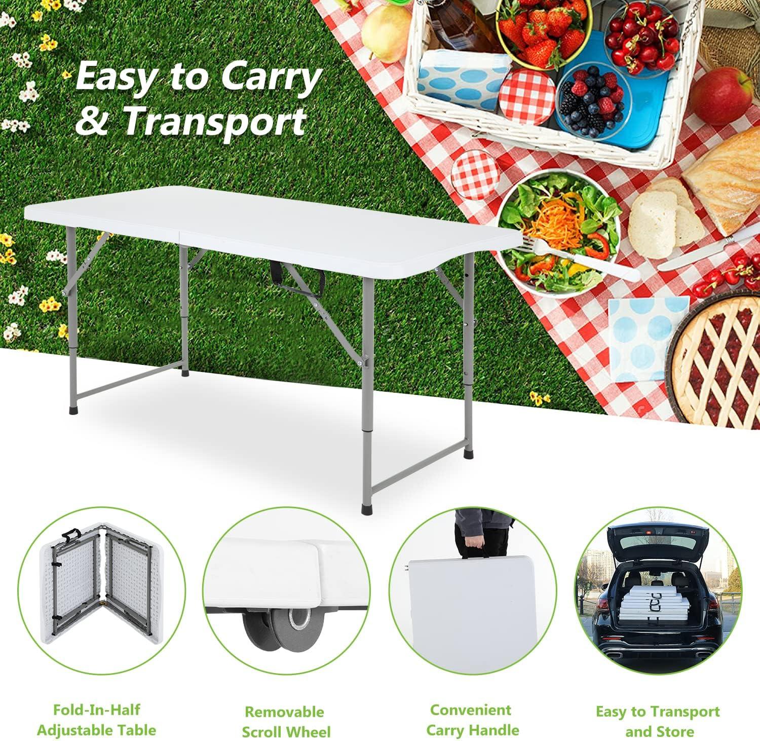 FDW Camping Table Plastic Picnic Table Office Table for Parties Wedding Camping Office with Carrying Handle, White