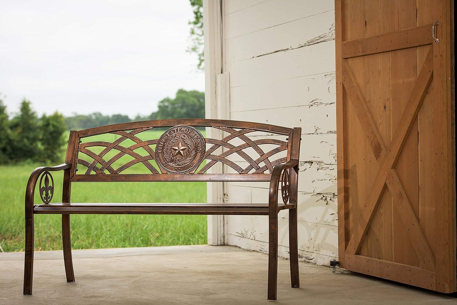 Leigh Country TX 93545 Adult Outdoor Metal Patio Bench with Texas State Seal Design - Bronze