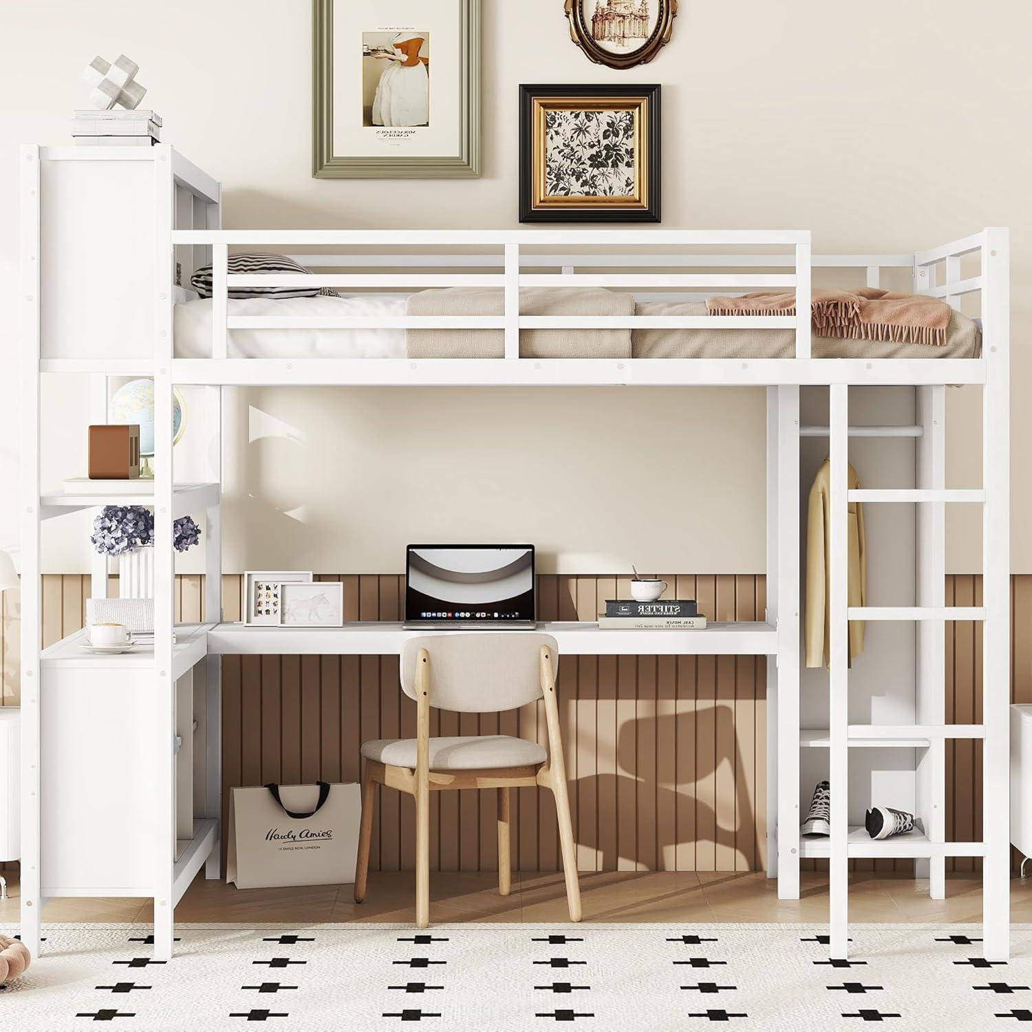 Full Size Metal Loft Bed with Wardrobe and L-Shaped Desk, Heavy-Duty Loft Bed with Storage Cubes and Shelves, White - ModernLuxe