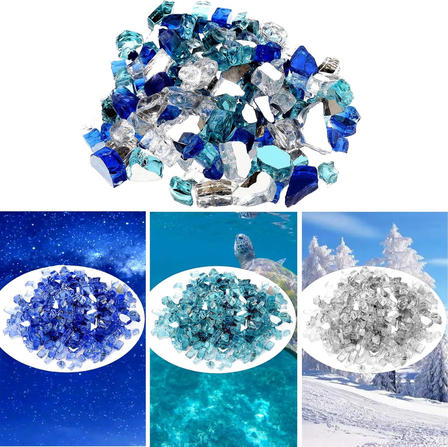 Only Fire Blended Fire Glass Reflective 1/2" High Luster Fireglass Rocks for Outdoor and Indoor - Aqua Blue+Platinum+Cobalt Blue, 10 lb