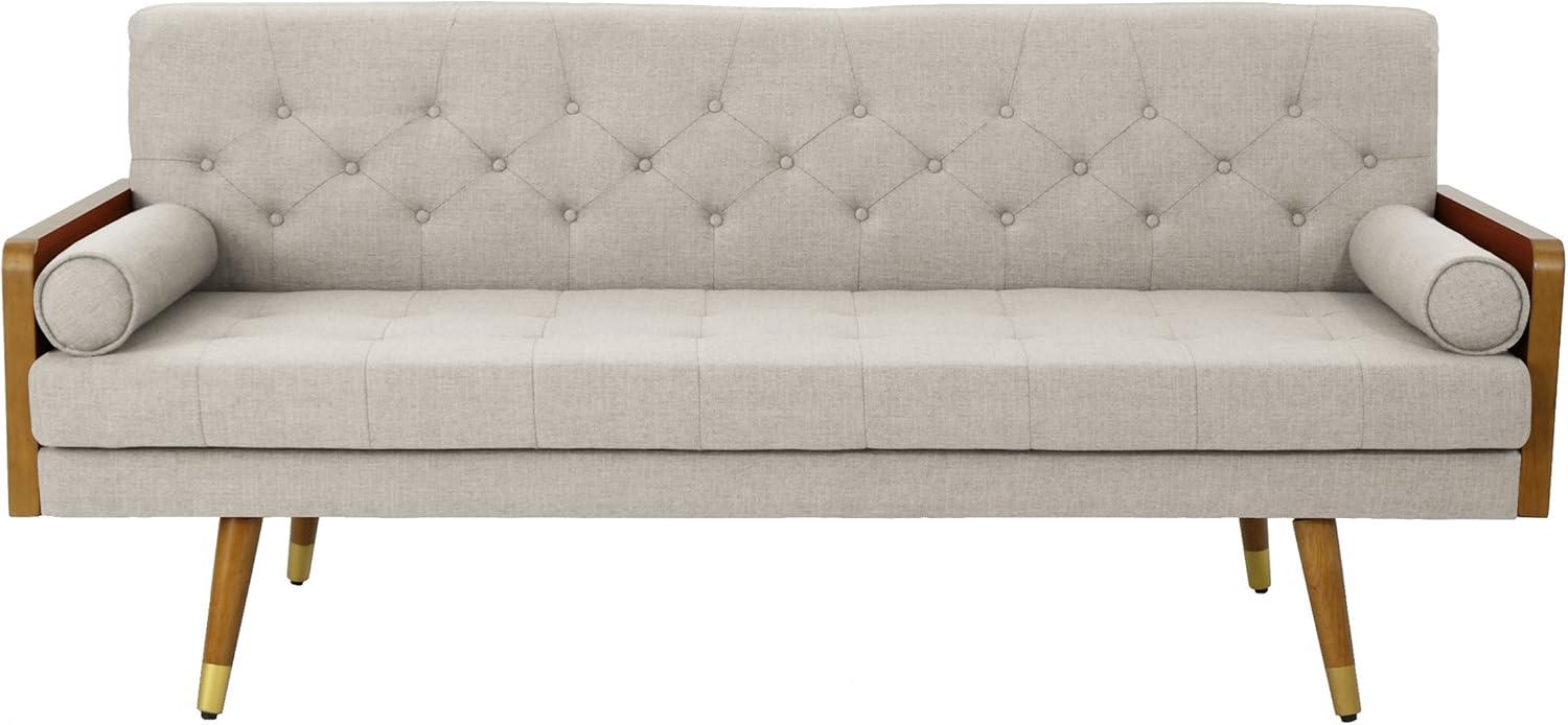 GDF Studio Aidan Mid Century Modern Tufted 3 Seater Sofa with Bolster Pillows, Beige Fabric and Dark Walnut