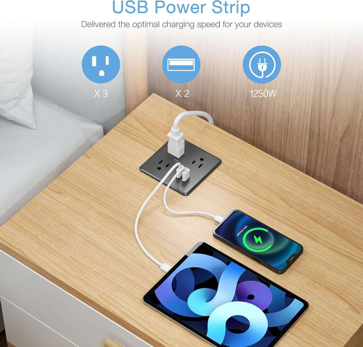 Black Recessed Power Strip with USB Ports and Surge Protector