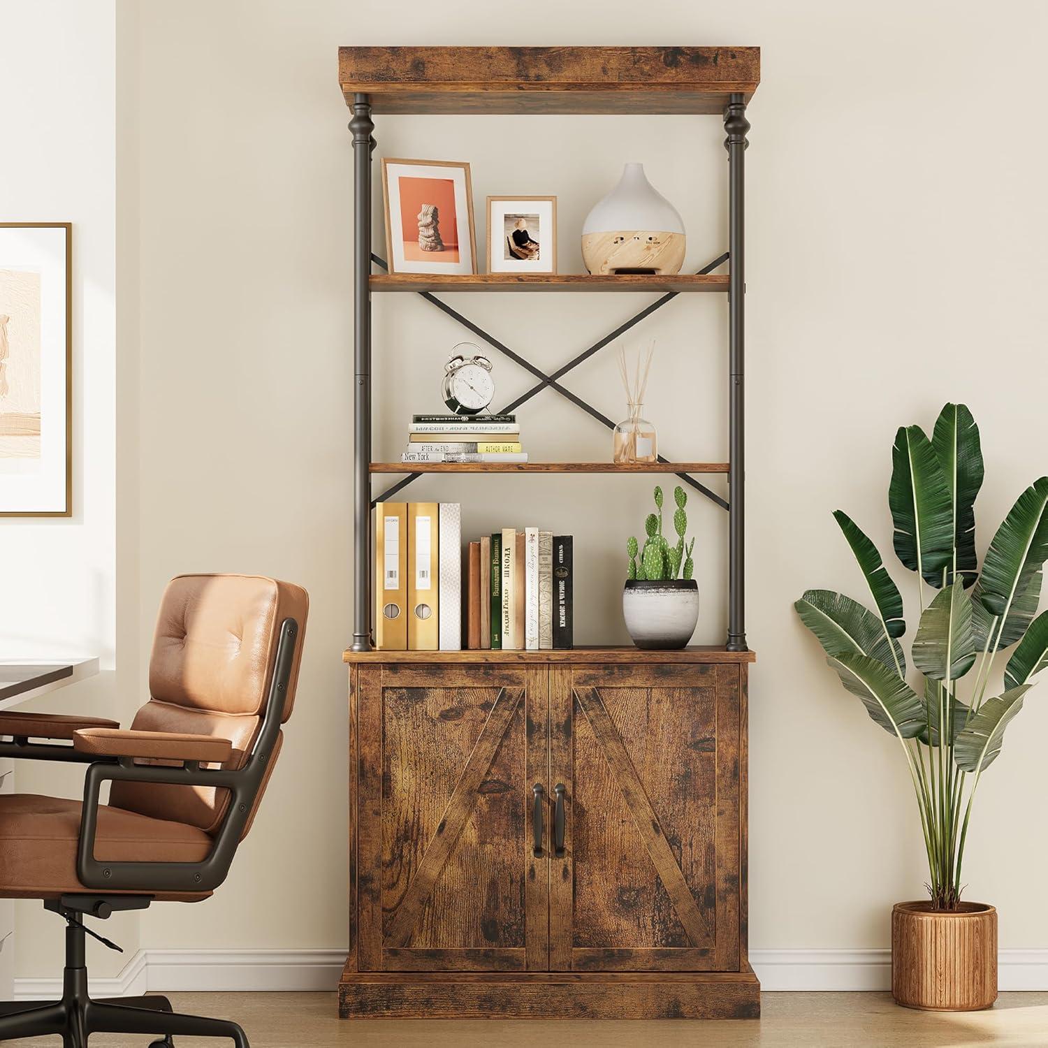 IDEALHOUSE Tall Bookshelf with Doors 73.62in Industrial Storage Open Rack Shelf with Cabinet Wood and Metal Bookcase Farmhouse Bookshelves Large Vintage Display Rack Home Office