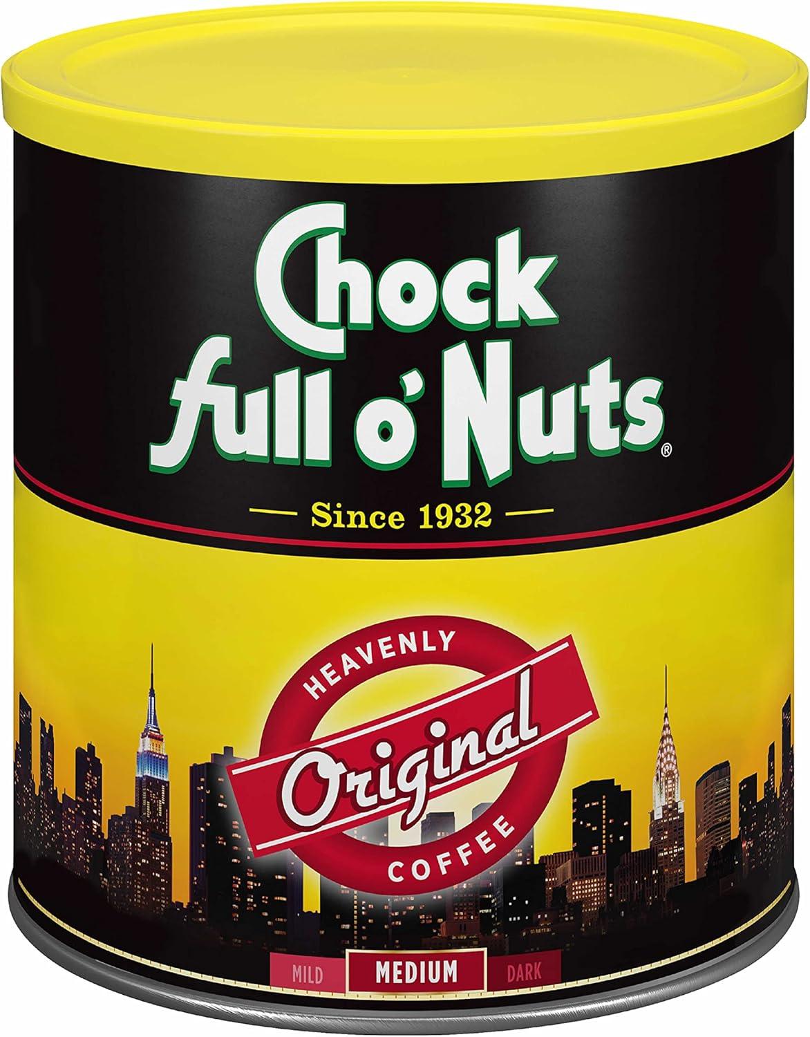 Chock Full o’Nuts Original Roast, Medium Roast Ground Coffee – Gourmet Coffee Beans – Smooth, Full-Bodied and Rich Coffee (30.5 Oz. Can)