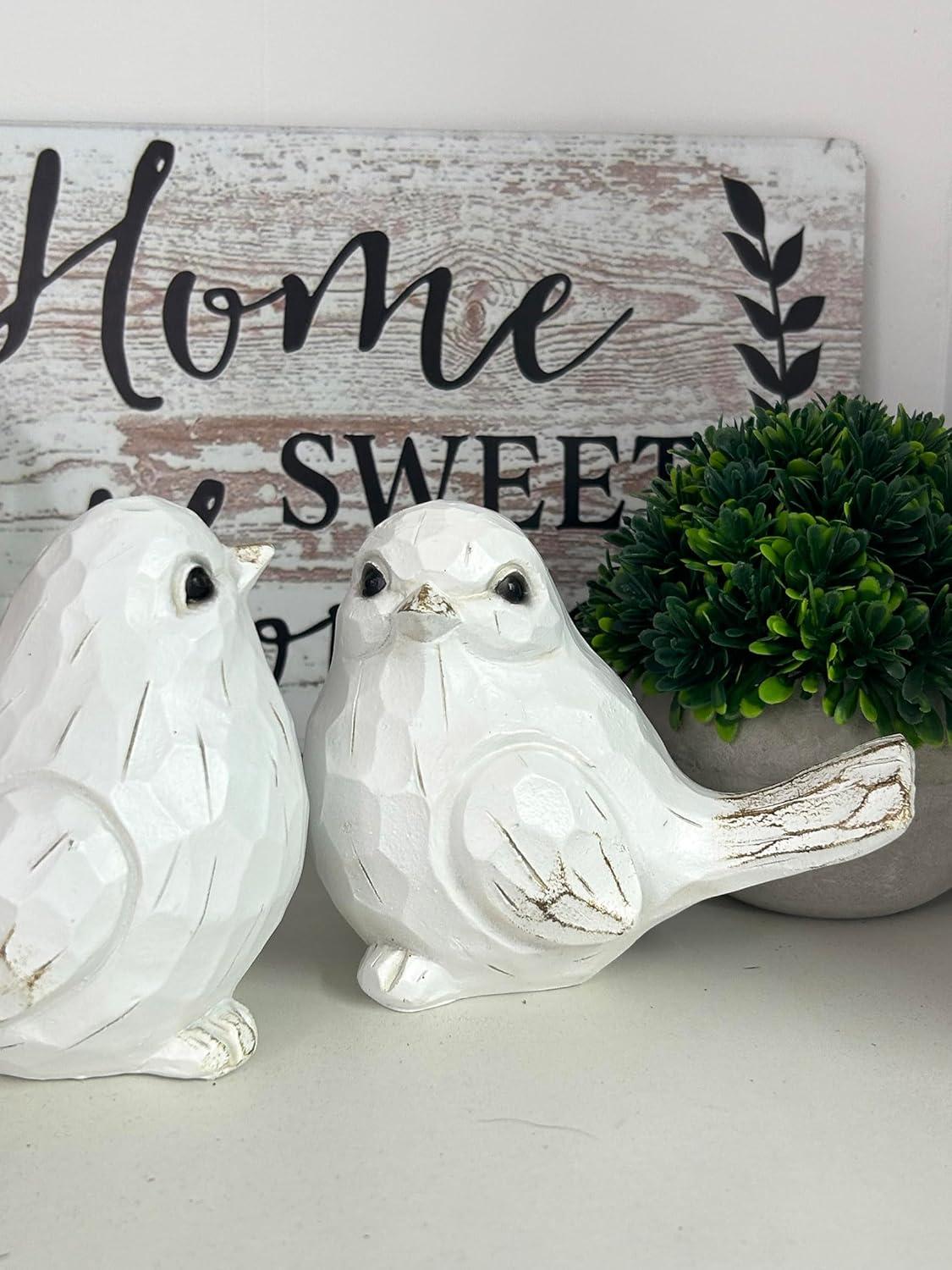 Farmhouse Bird Decor Resin Bird Figurines - Set of 2, Vintage & Modern Bird Decor Statue for Home Decor Accents, Cottage Bird Ornaments Decoration New White Carved Rustic Bird Figurine