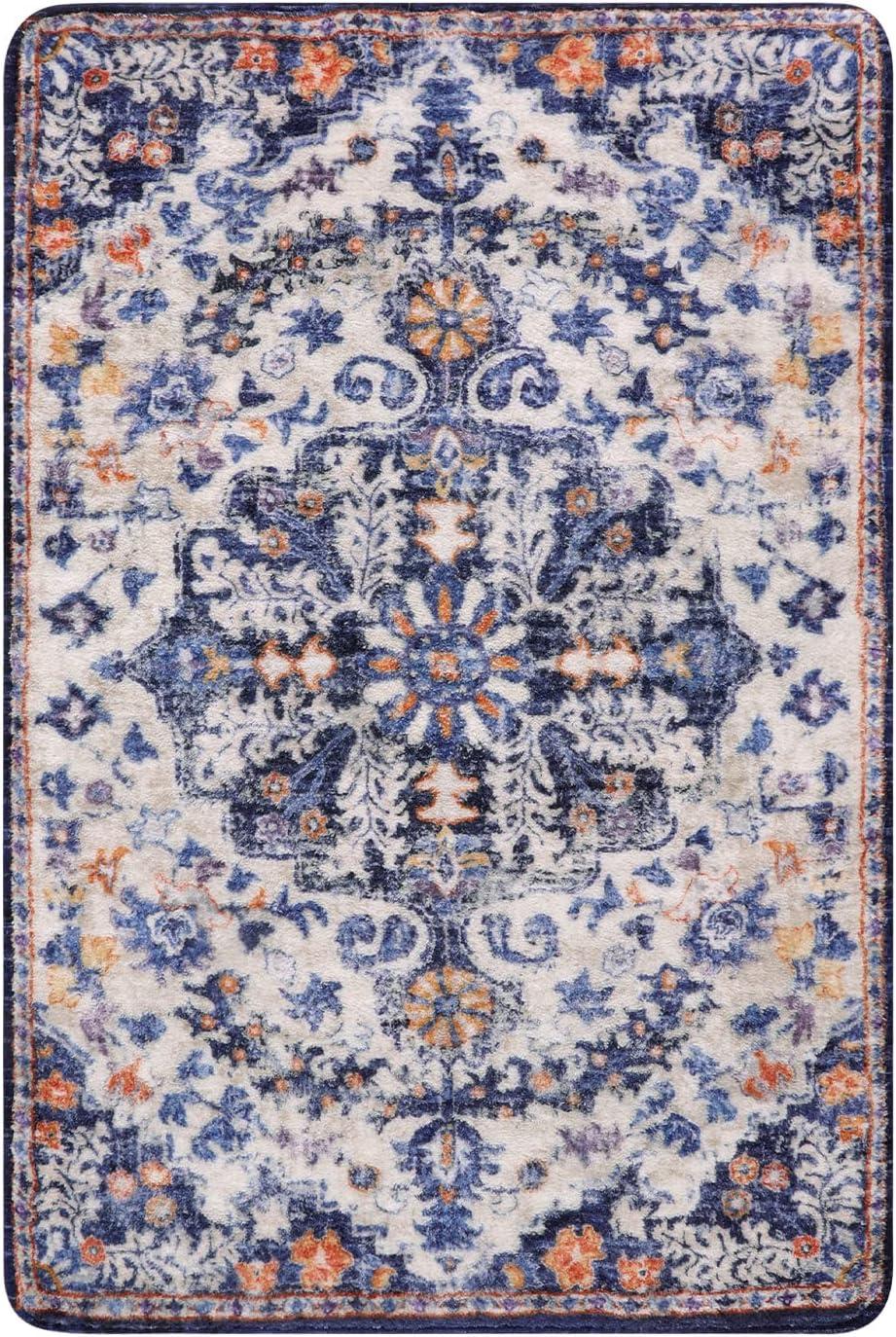 Moynesa 2'x3' Bohemian Area Rug, 2x3ft Small Boho Washable Bathroom Entryway Kitchen Rug,Floral Medallion Non Slip Pet Friendly Vintage Throw Carpet for Front Door Sink Living Room Bedroom, Orange