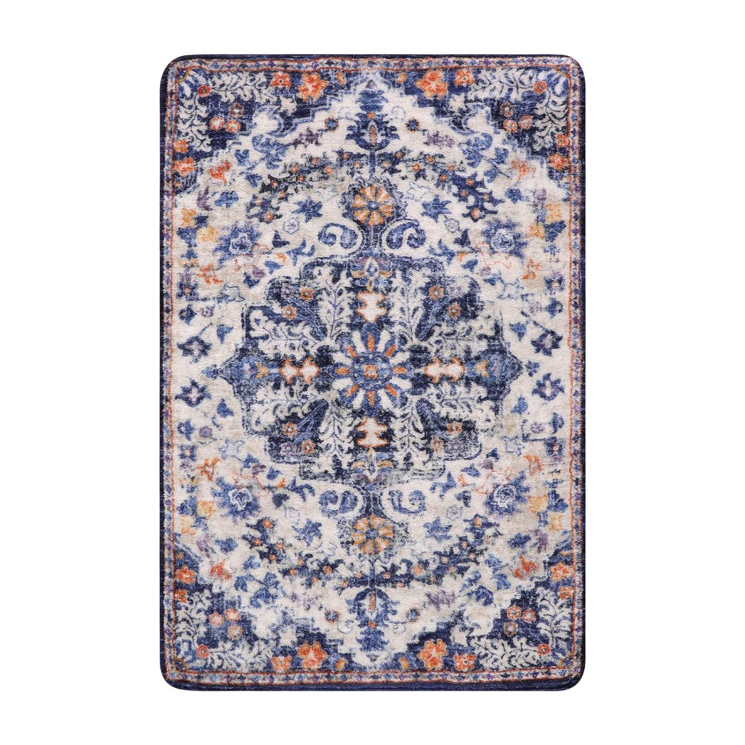 Moynesa 2'x3' Bohemian Area Rug, 2x3ft Small Boho Washable Bathroom Entryway Kitchen Rug,Floral Medallion Non Slip Pet Friendly Vintage Throw Carpet for Front Door Sink Living Room Bedroom, Orange