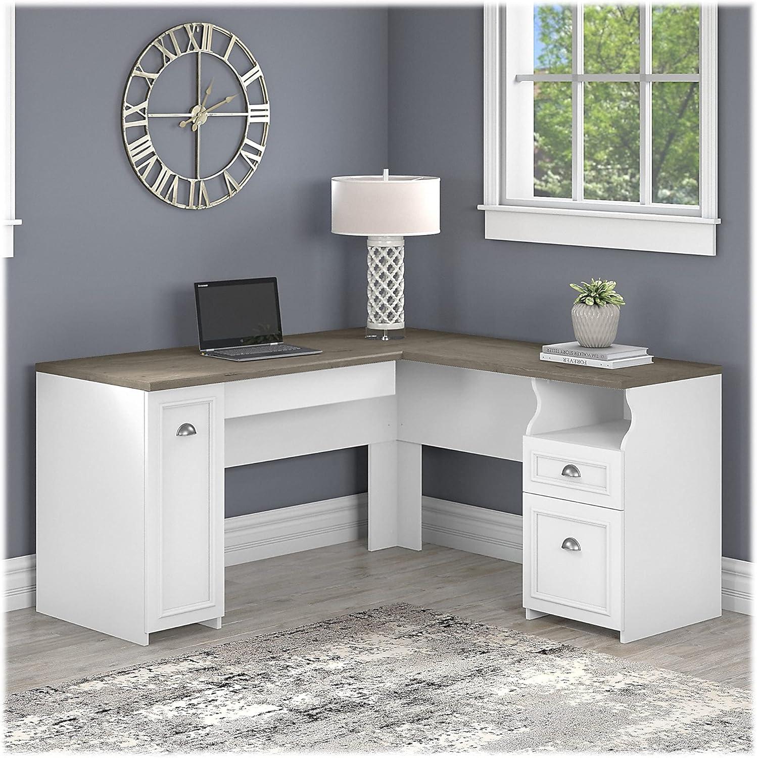 Bush Furniture Fairview 60W L Shaped Desk with Drawers and Storage Cabinet, White/Gray