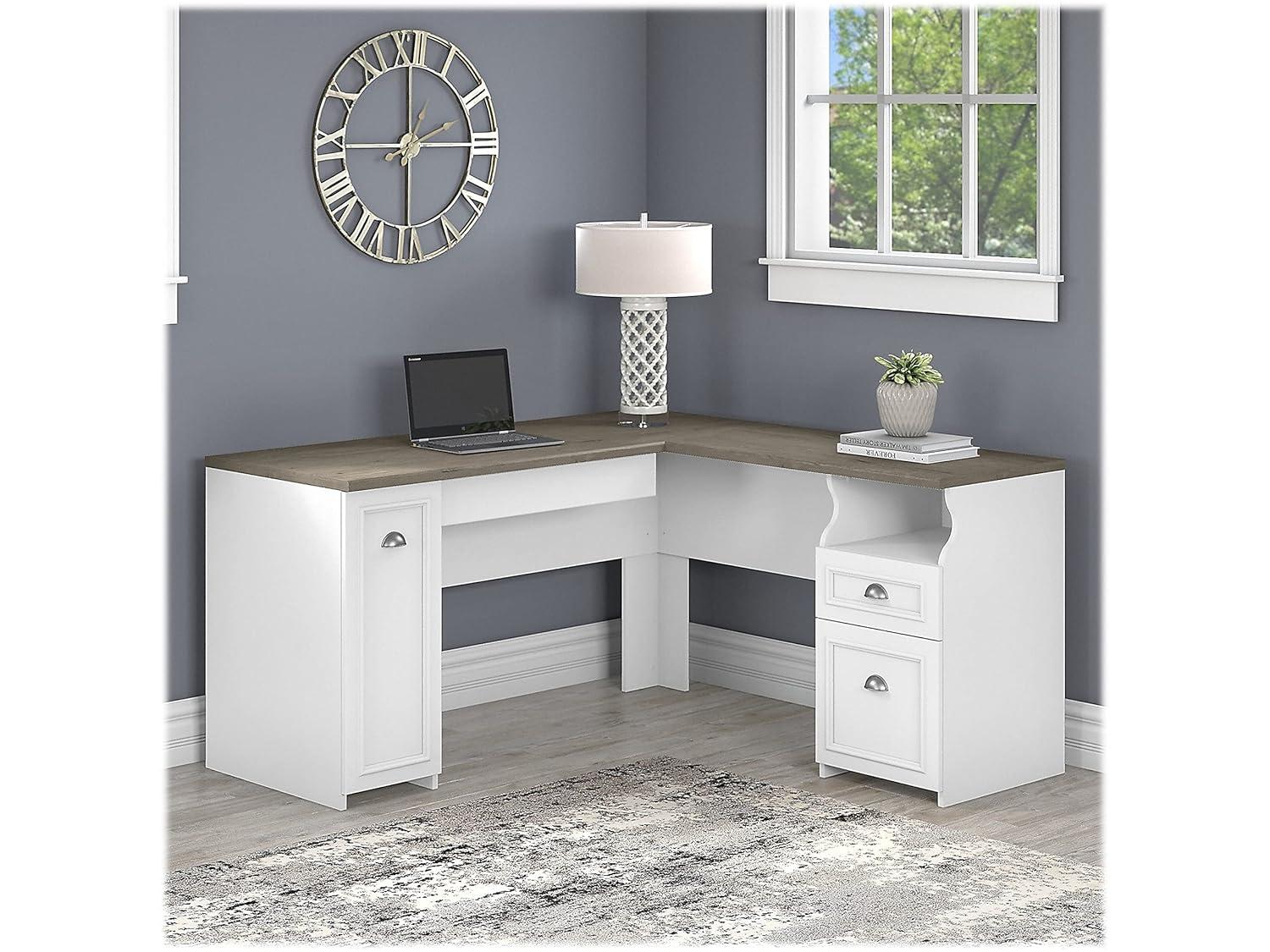 Bush Furniture Fairview 60W L Shaped Desk with Drawers and Storage Cabinet, White/Gray