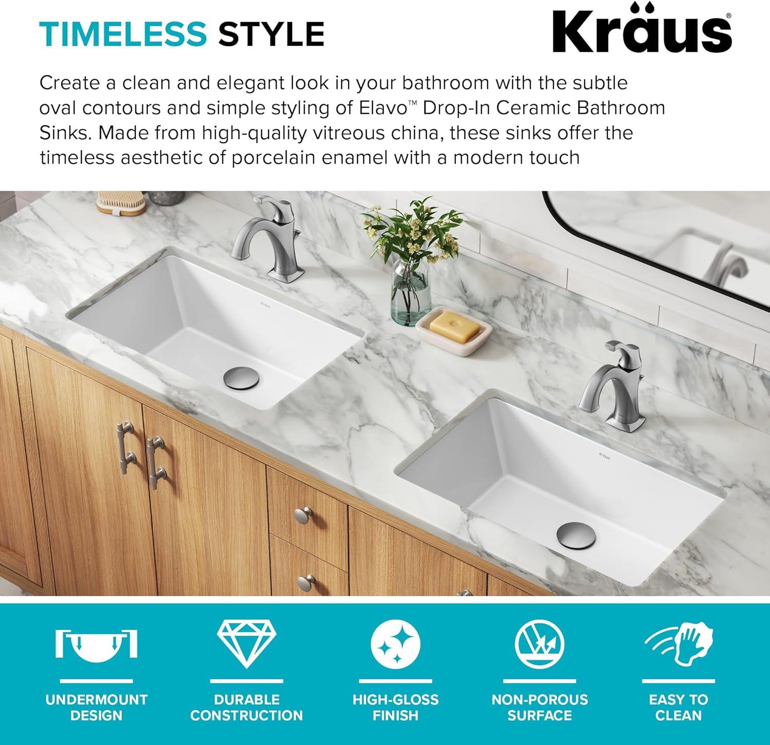 KRAUS Elavo. Rectangular Porcelain Ceramic Undermount Bathroom Sink In White With Overflow Drain, KCU-242