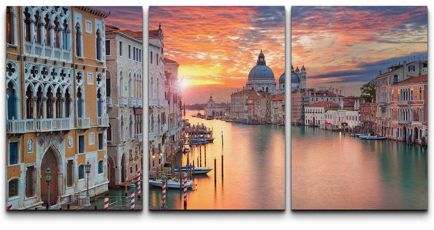 wall26 - 3 Piece Canvas Wall Art - Venice. Image of Grand Canal in Venice, with Santa Maria Della Salute Basilica - Modern Home Art Stretched and Framed Ready to Hang - 16"x24"x3 Panels