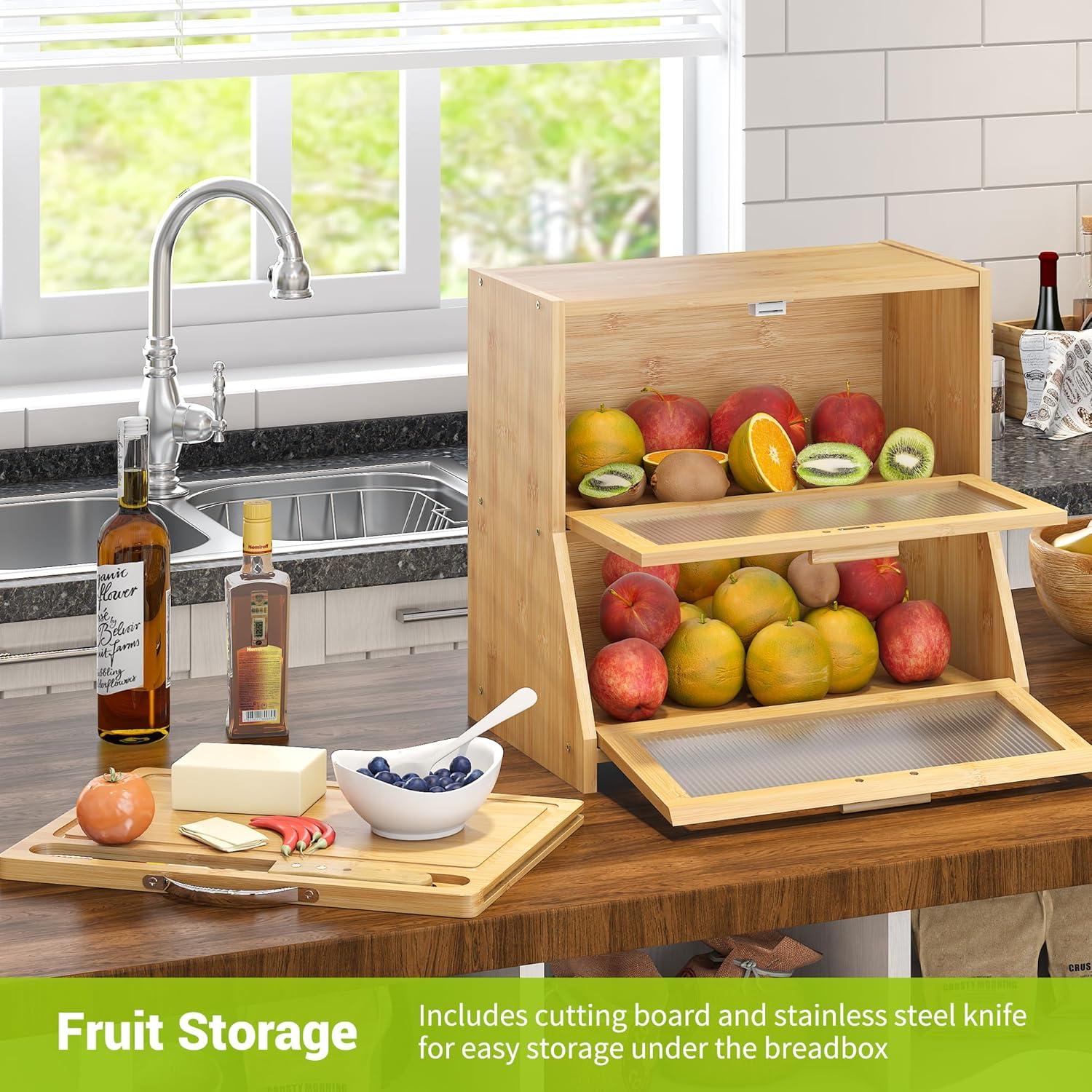 Prep & Savour Large Bread Box For Kitchen Counter, Bamboo Wooden Double Layer Large Capacity Bread Storage Bin With Acrylic Wavy Door Panel (Natural + Cutting Board)