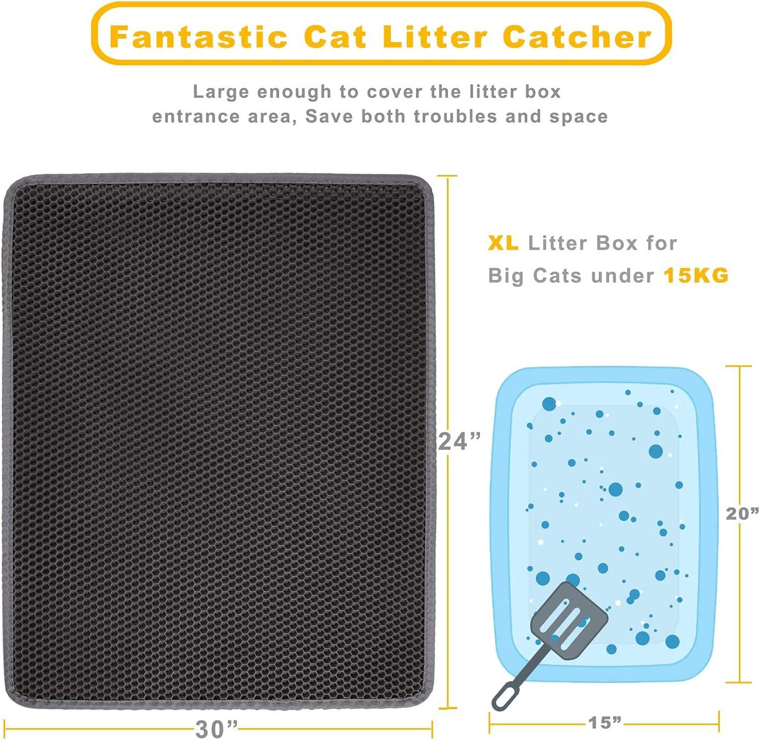 GZYS Cat Litter Mat Grey Trapping for Litter Box, XL Jumbo 30 x 24 in, Urine & Waterproof, Honeycomb Double Layer Anti Tracking Kitty Mats, No Phthalate, Washable Easy Clean, Scatter Control