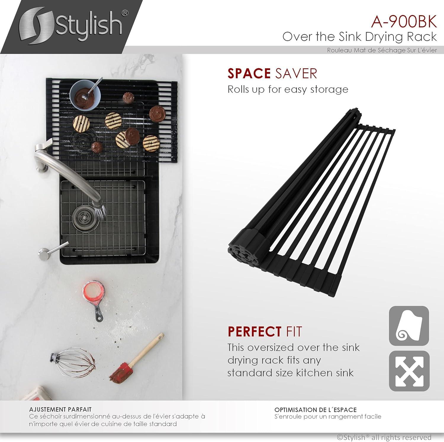 STYLISH Over The Sink Roll Up Dish Drying Rack Heat Resistant Trivet for Drying Dishes and Rinsing Vegetables Dark Grey A-900DG