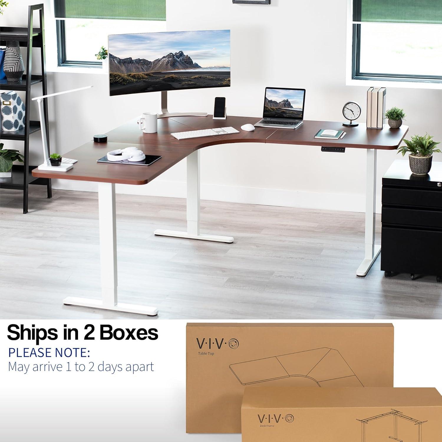 VIVO Dark Walnut / White Electric 71" x 71" Curved Corner Stand Up Desk