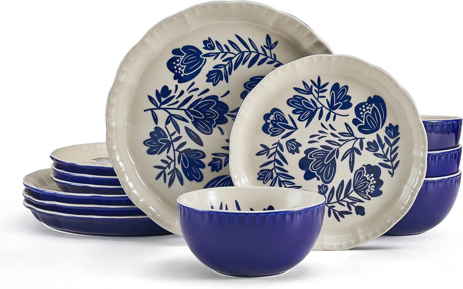 Madison Blue and White Floral Ceramic 12-Piece Dinnerware Set