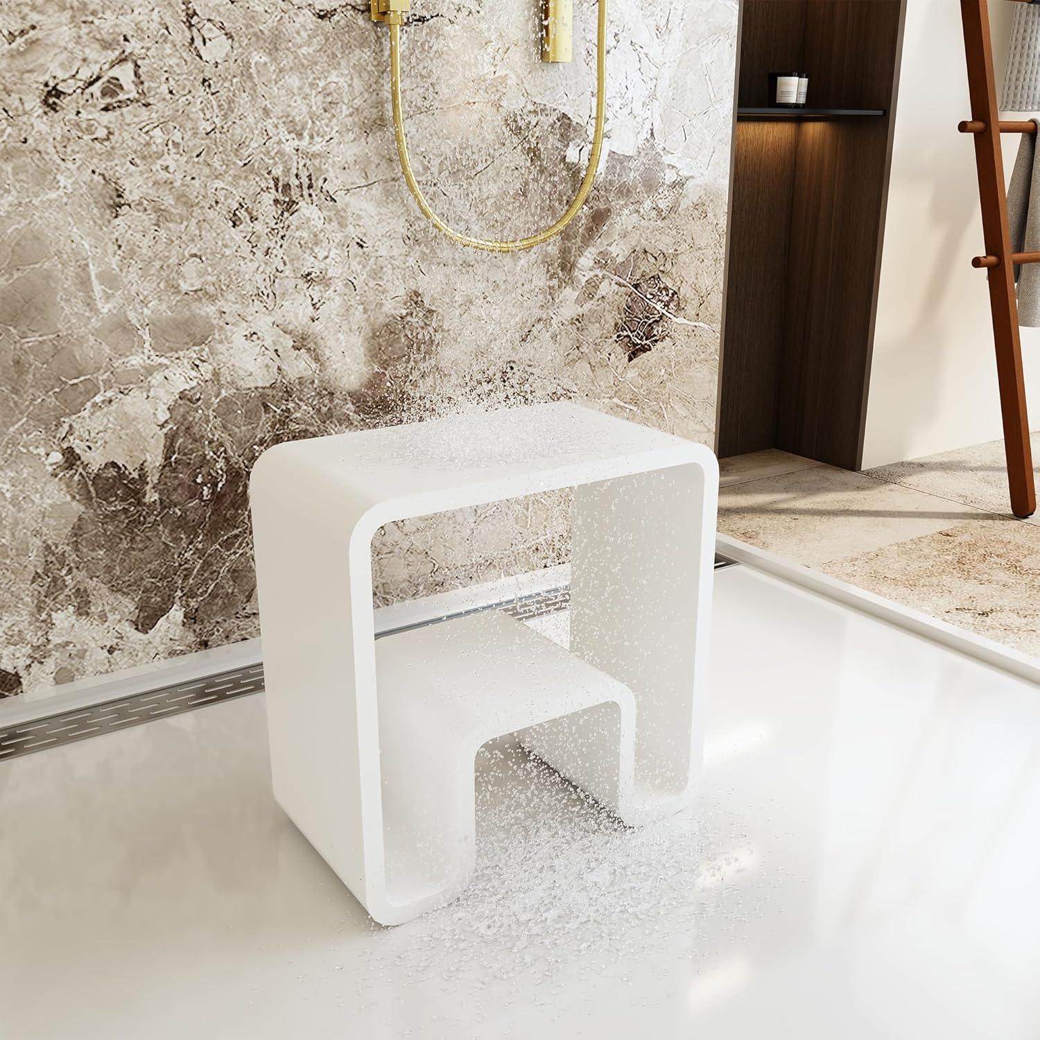 Matte White Solid Surface Dual-Layer Shower Stool