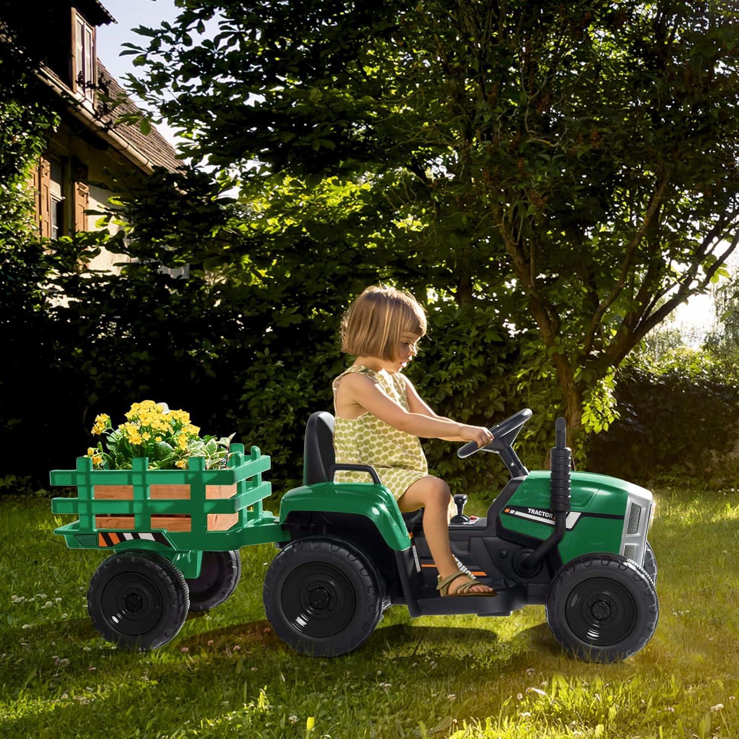 JOYMOR Ride on Tractor with Remote Control, 12V Electric Tractor with Trailer for Toddler, Battery Powered Ride on car Toy for Boys and Girls