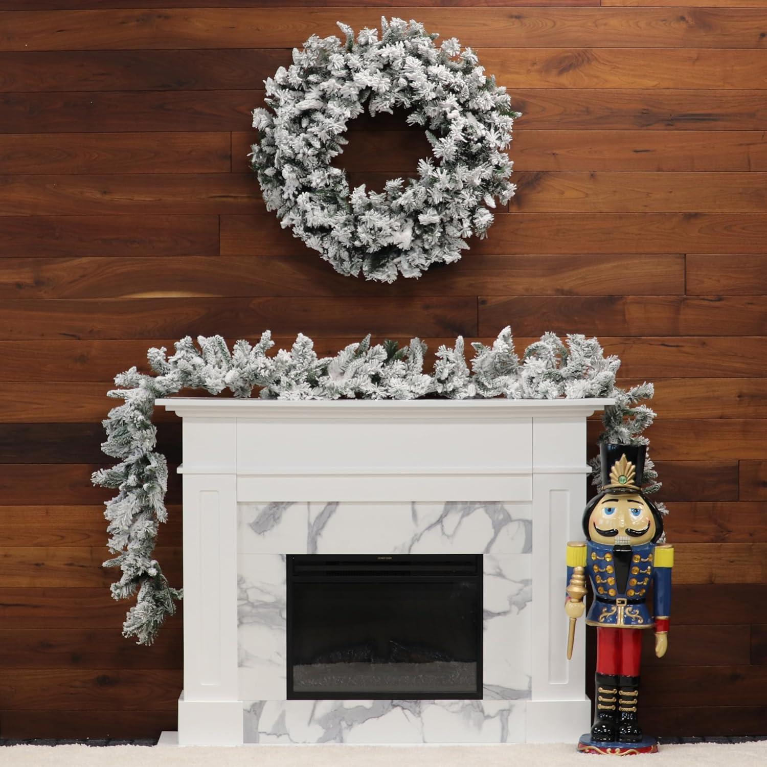 Fraser Hill Farm 36-In. Mountain Pine Flocked Wreath, No Lights | Festive Christmas Holiday Decorations | Indoor Hanging Decor for Doors, Fireplace Mantels | FFMP036W-0SN