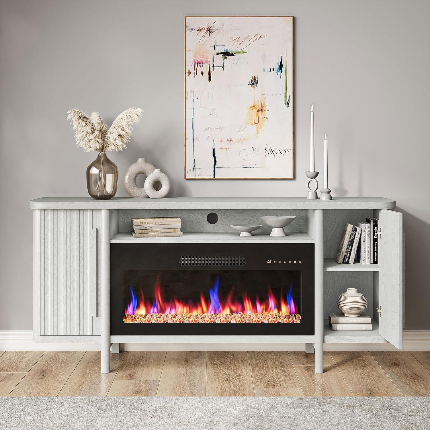 BELLEZE 66" TV Stand with 36" Electric Fireplace, Wood Console Table for TVs up to 75 Inches, Entertainment Center with Storage Cabinets for Living Room, Bedroom - Portman (White Sand)