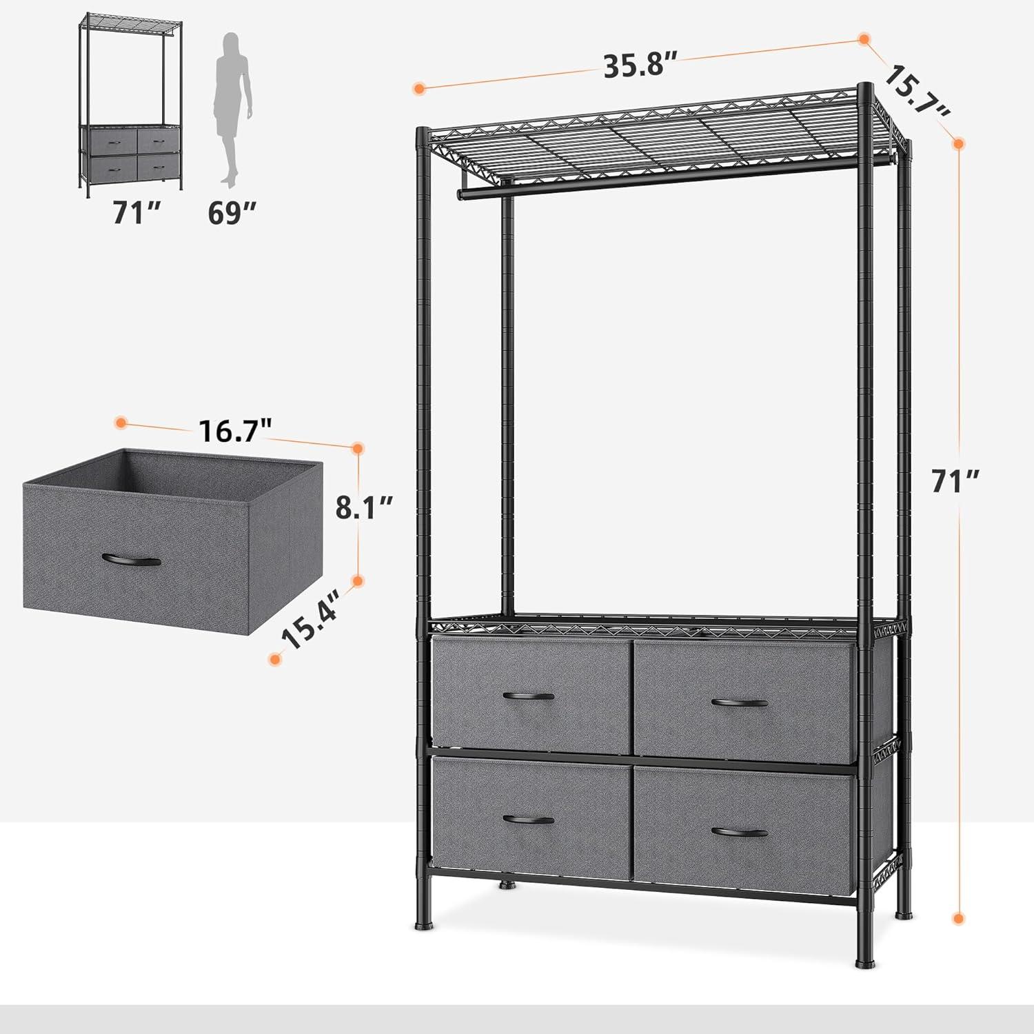 BAOKALER Clothes Rack Heavy Duty Clothing Rack for Hanging Clothes Adjustable Metal Wire Shelving with 4 Fabric Drawers, DIY Freestanding Wardrobe, 400lbs Load Capacity, Black